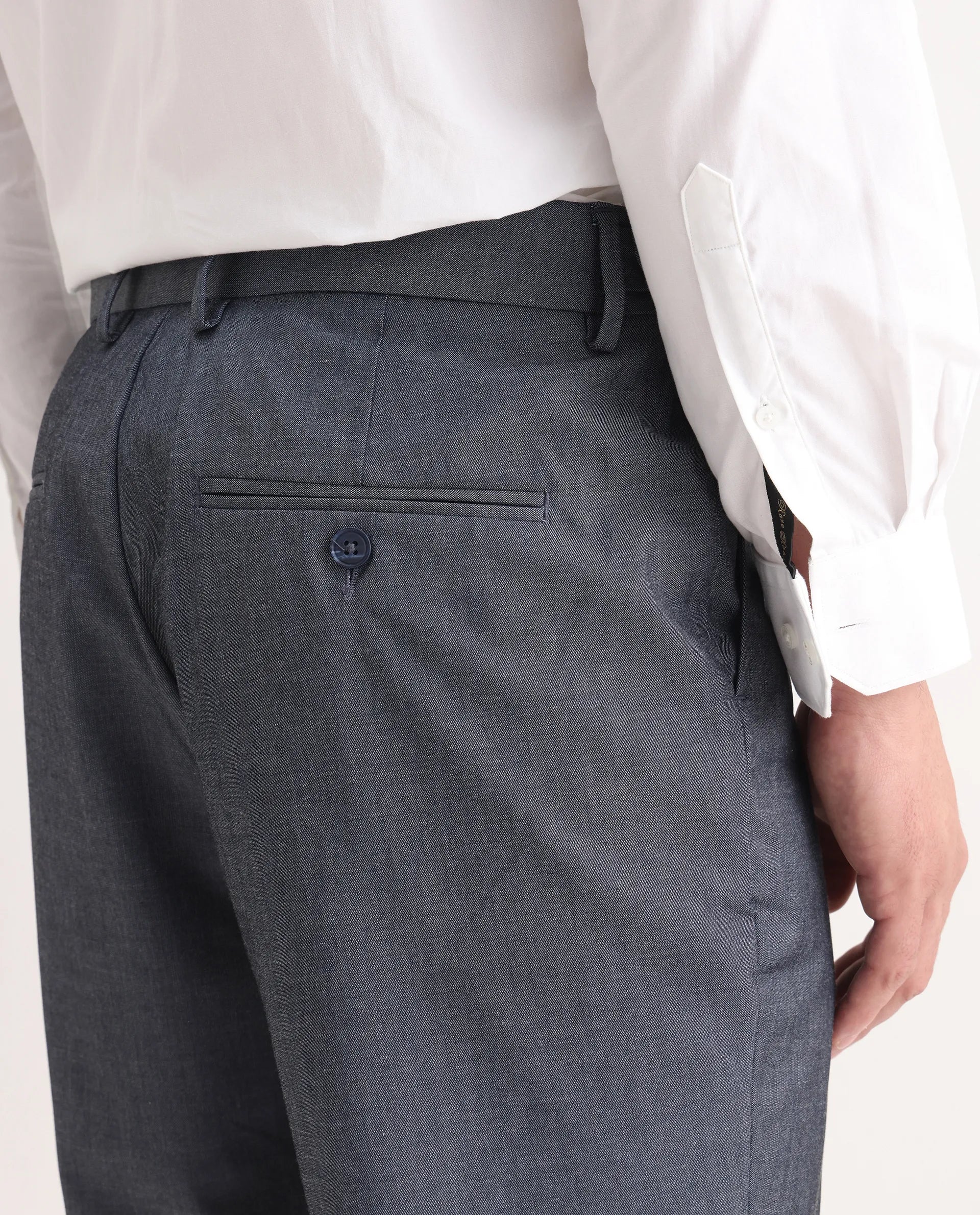 Rare Rabbit Men's Naji Blue Cotton Blend Plain Relaxed Fit Trouser