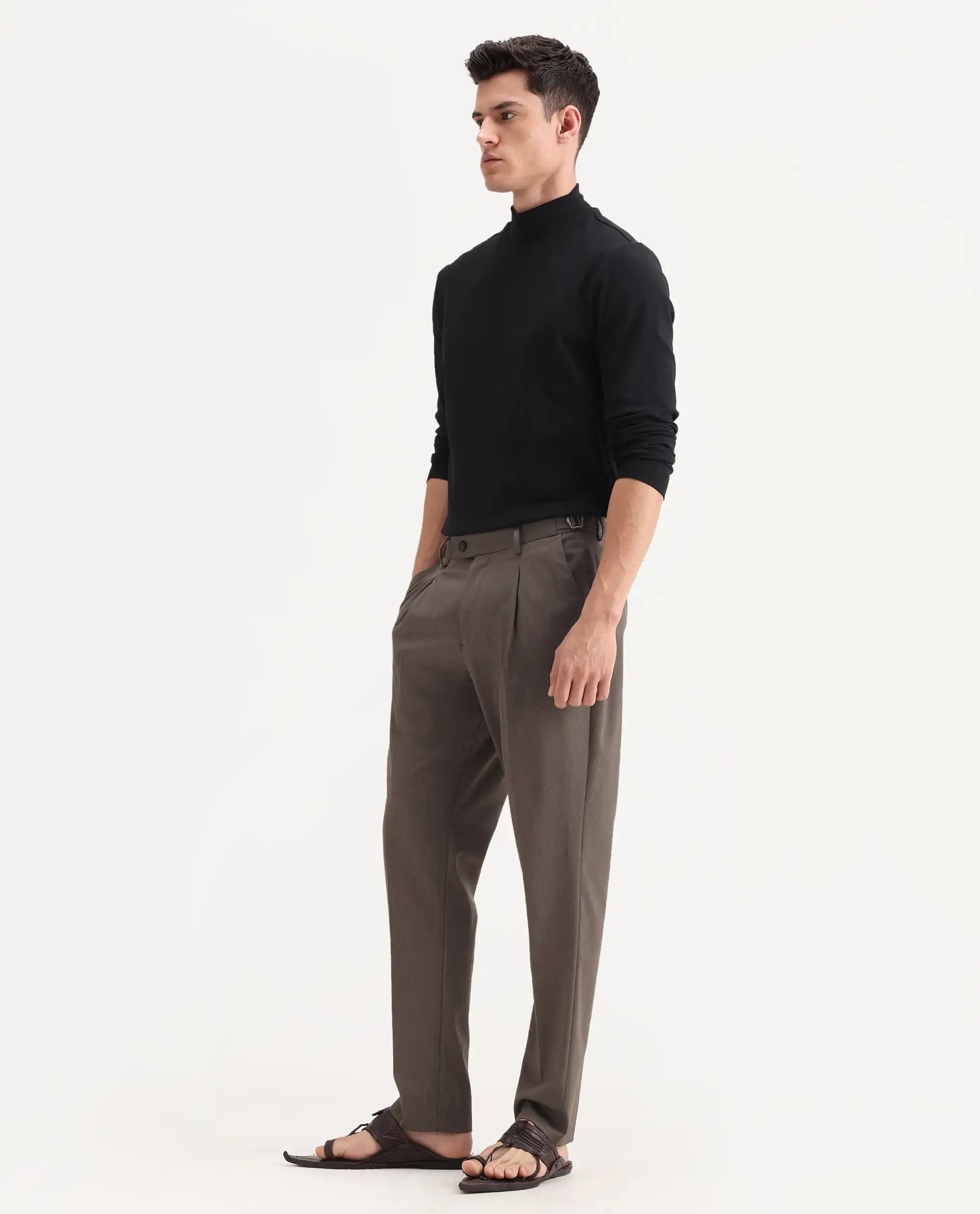 Rare Rabbit Men's Naji Dark Brown Cotton Blend Plain Relaxed Fit Trouser