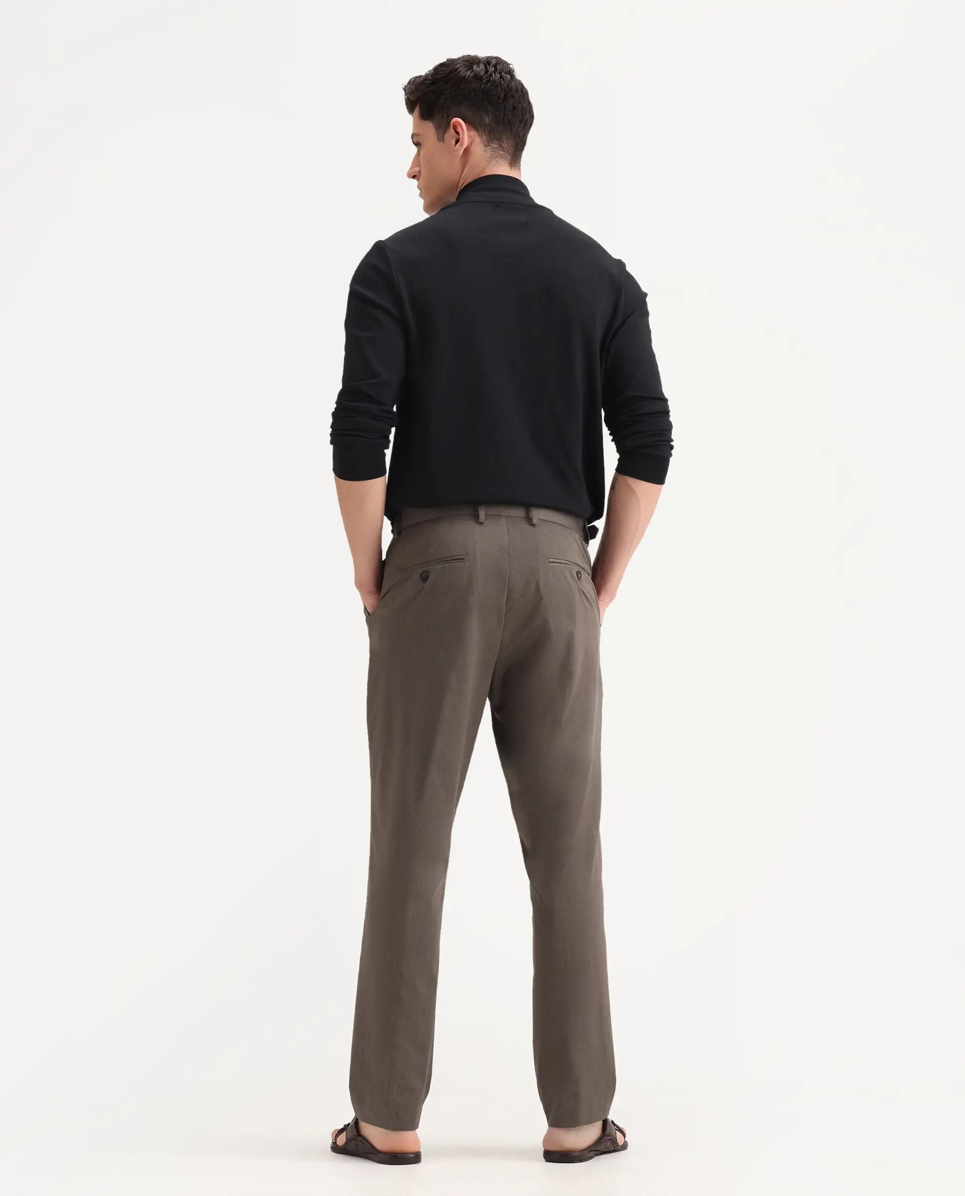 Rare Rabbit Men's Naji Dark Brown Cotton Blend Plain Relaxed Fit Trouser