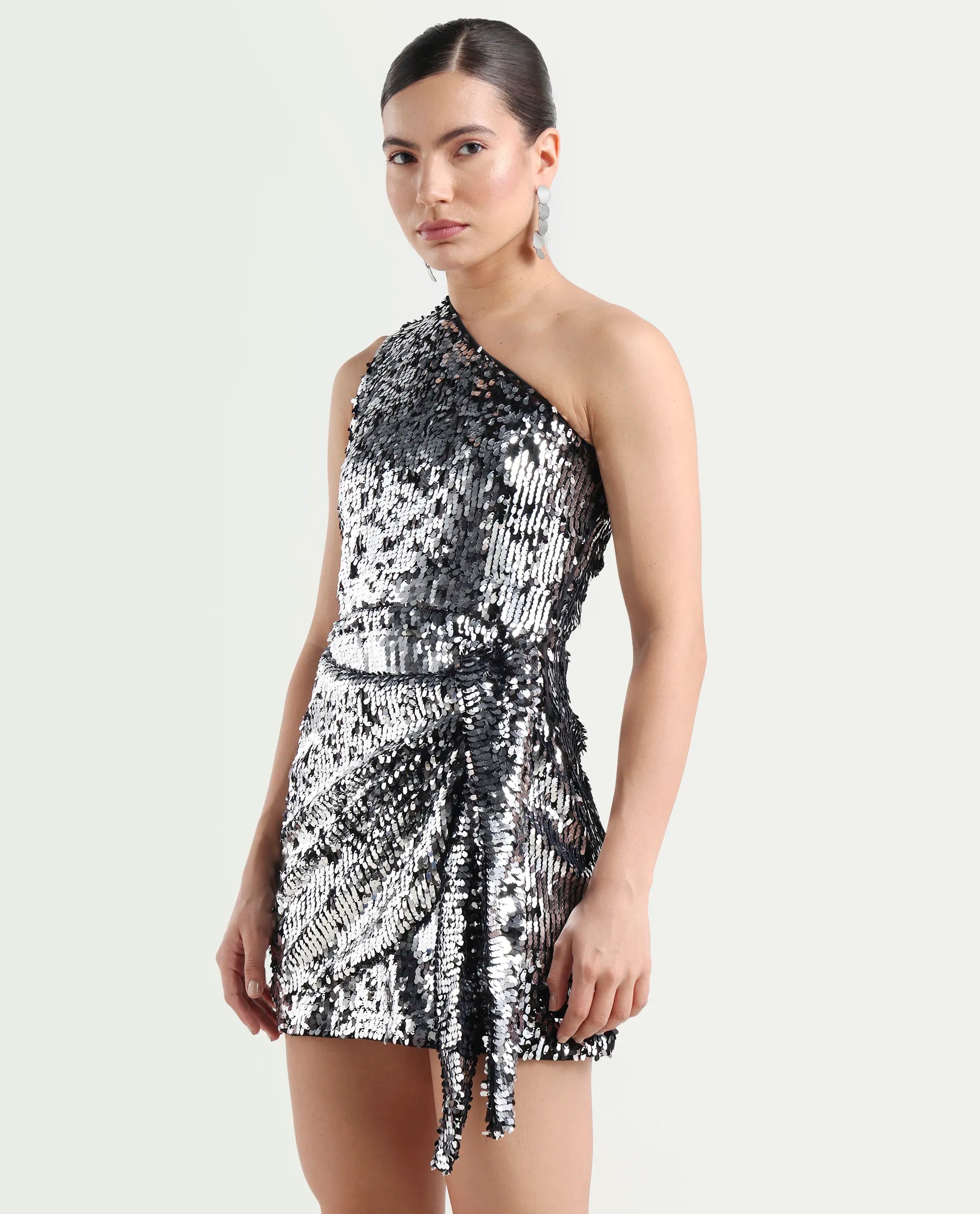 Rareism Women's Nala Sheen Silver Polyester Collarless Sequined Sleeveless Mini Regular Fit Dress