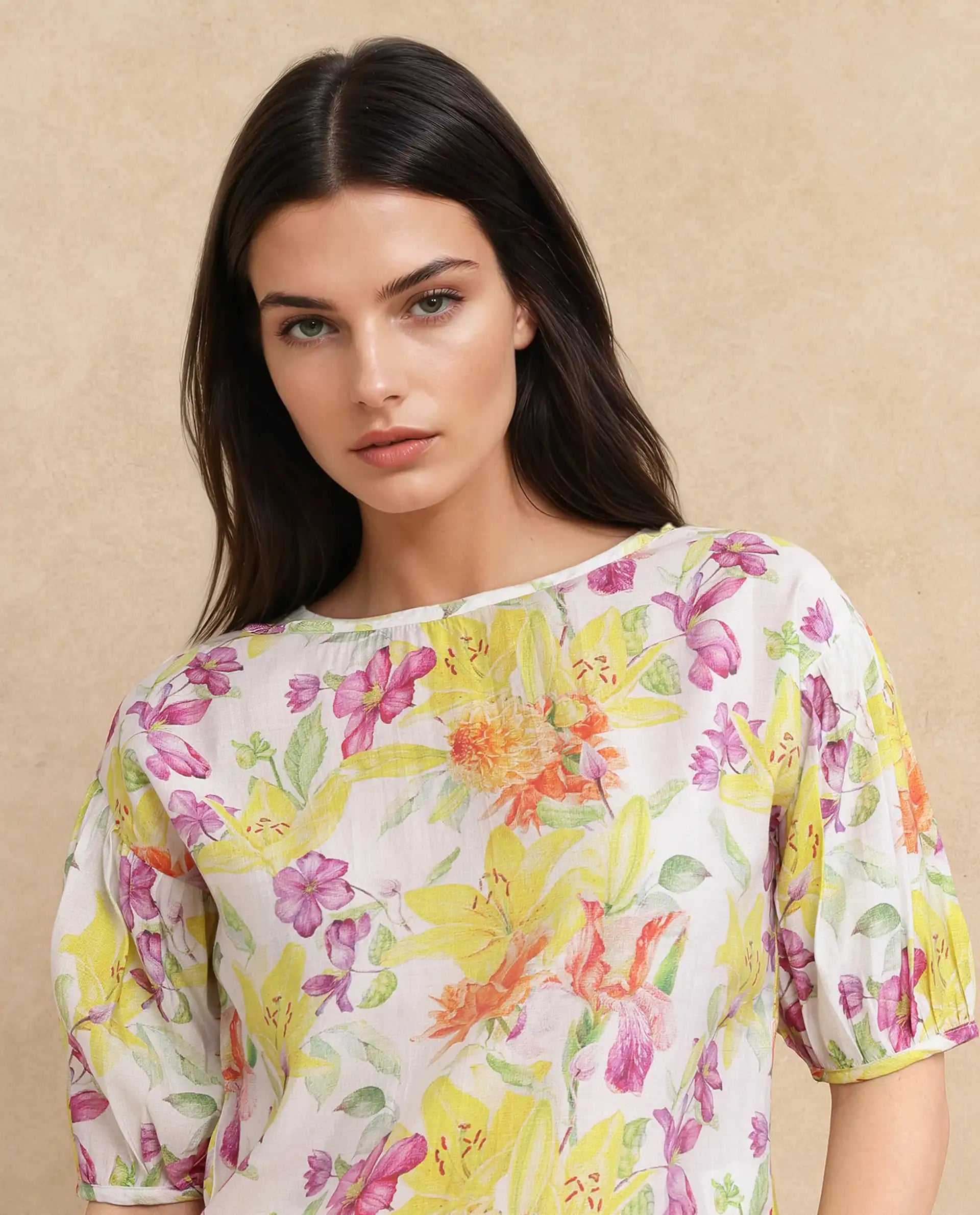 Rareism Women Naldu Multi Bishop Sleeve Crew Neck Floral Print Top