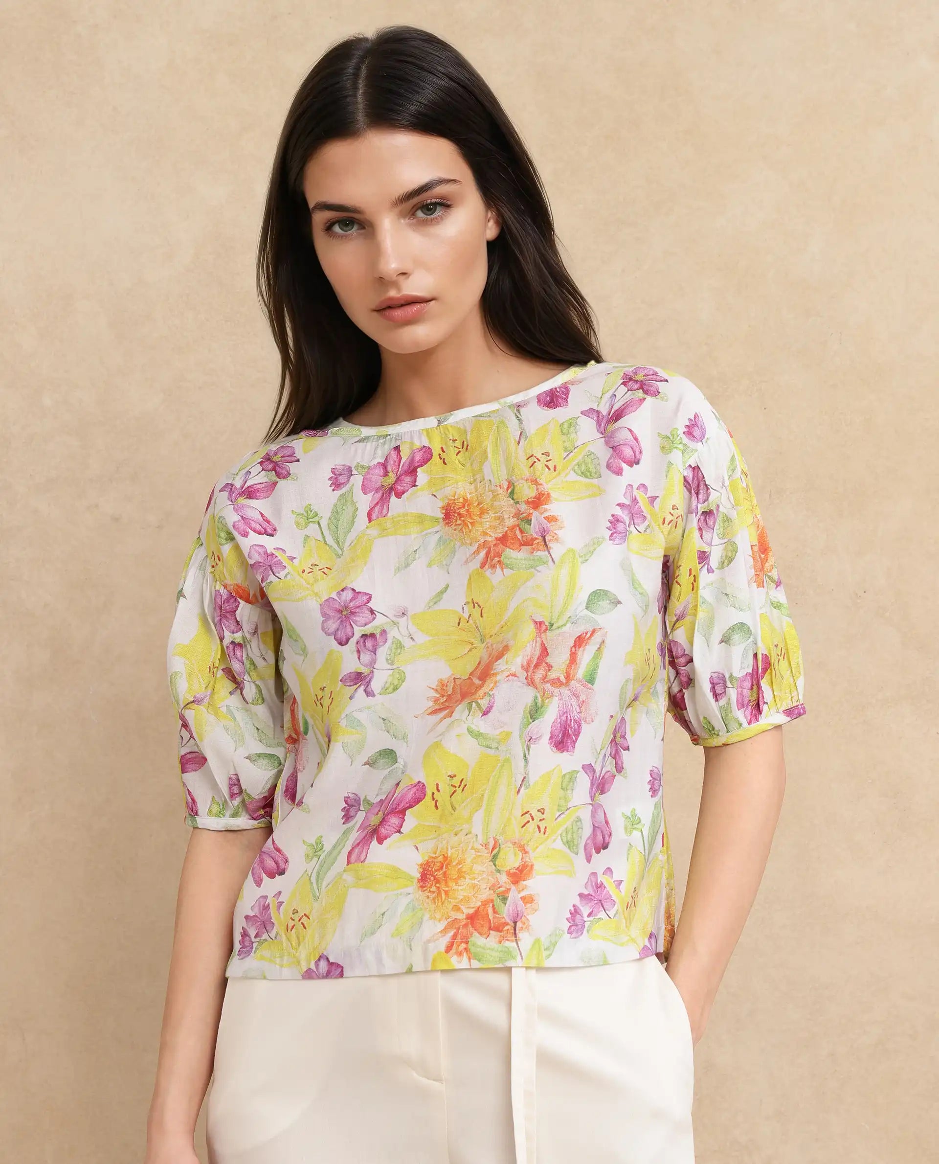Rareism Women Naldu Multi Bishop Sleeve Crew Neck Floral Print Top