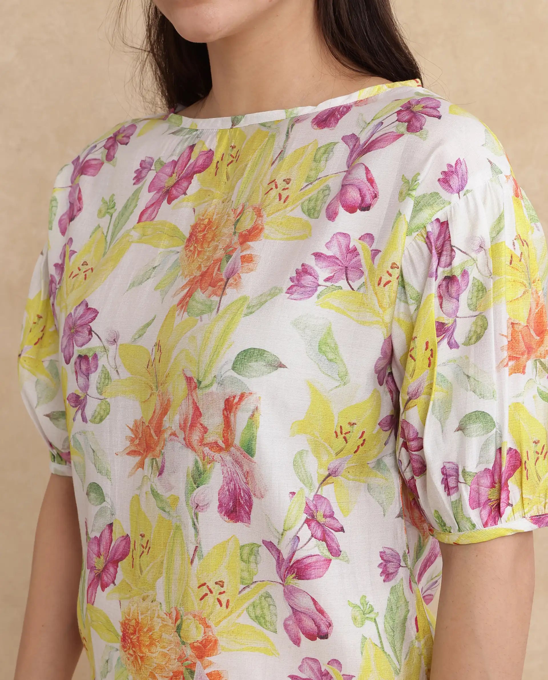 Rareism Women Naldu Multi Bishop Sleeve Crew Neck Floral Print Top