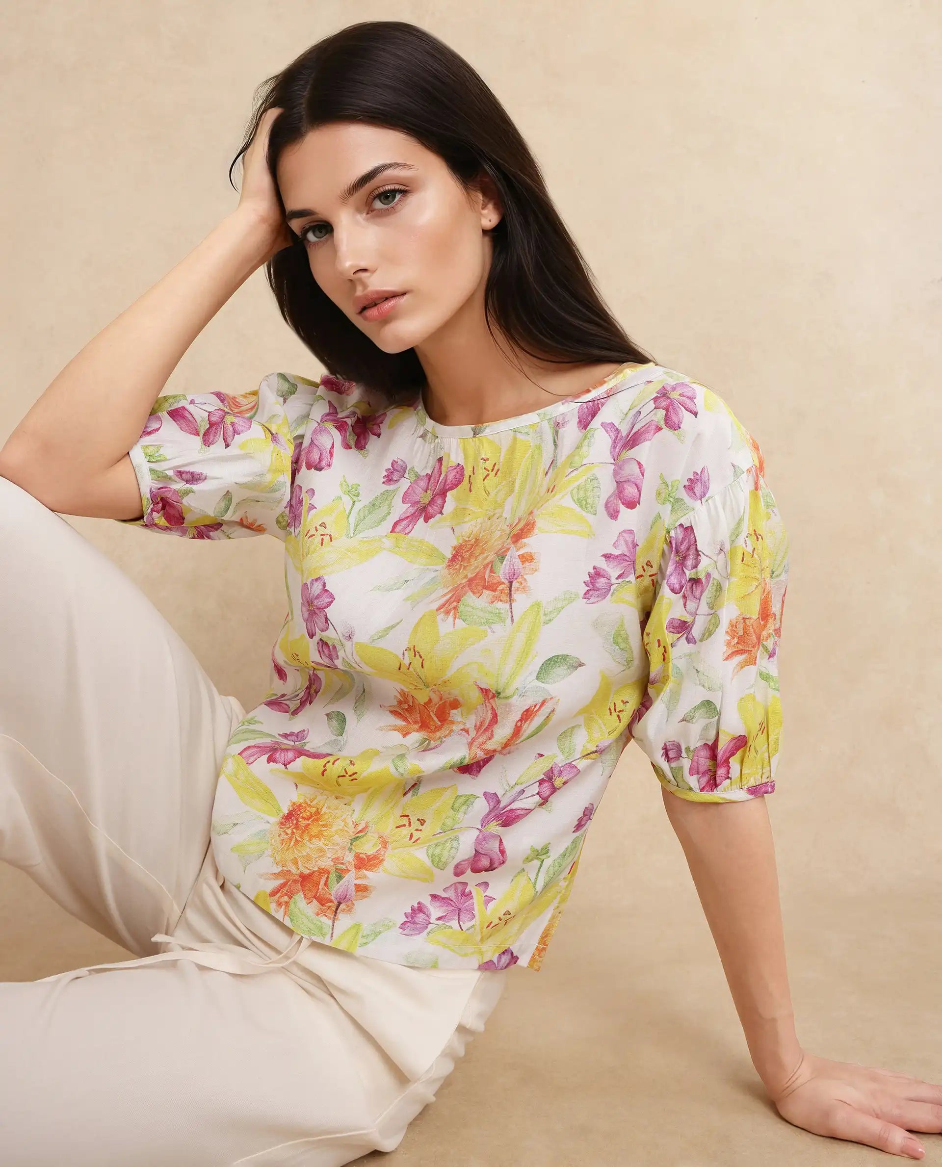 Rareism Women Naldu Multi Bishop Sleeve Crew Neck Floral Print Top