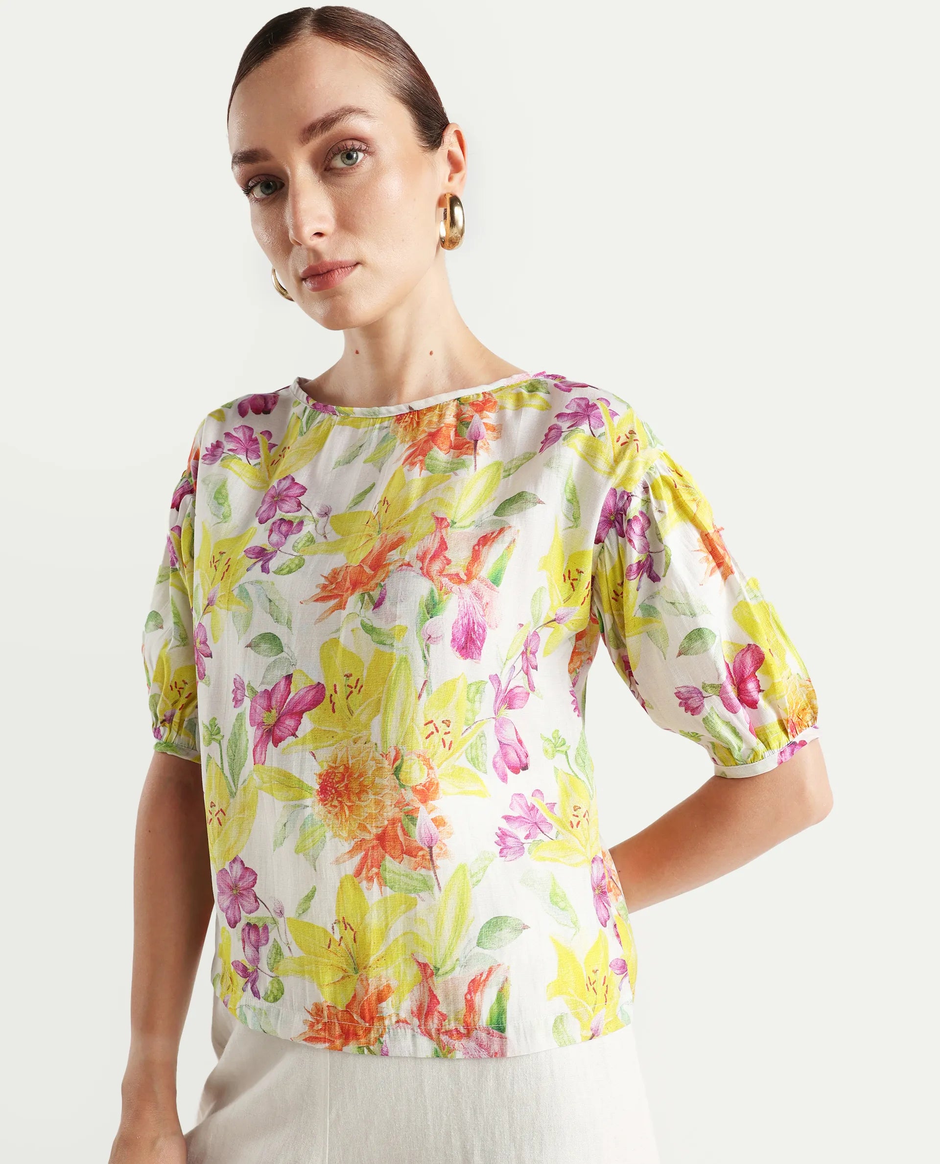 Rareism Women's Naldu Multi Viscose Crew Neck Floral Print Bishop Sleeve Boxy Fit Top