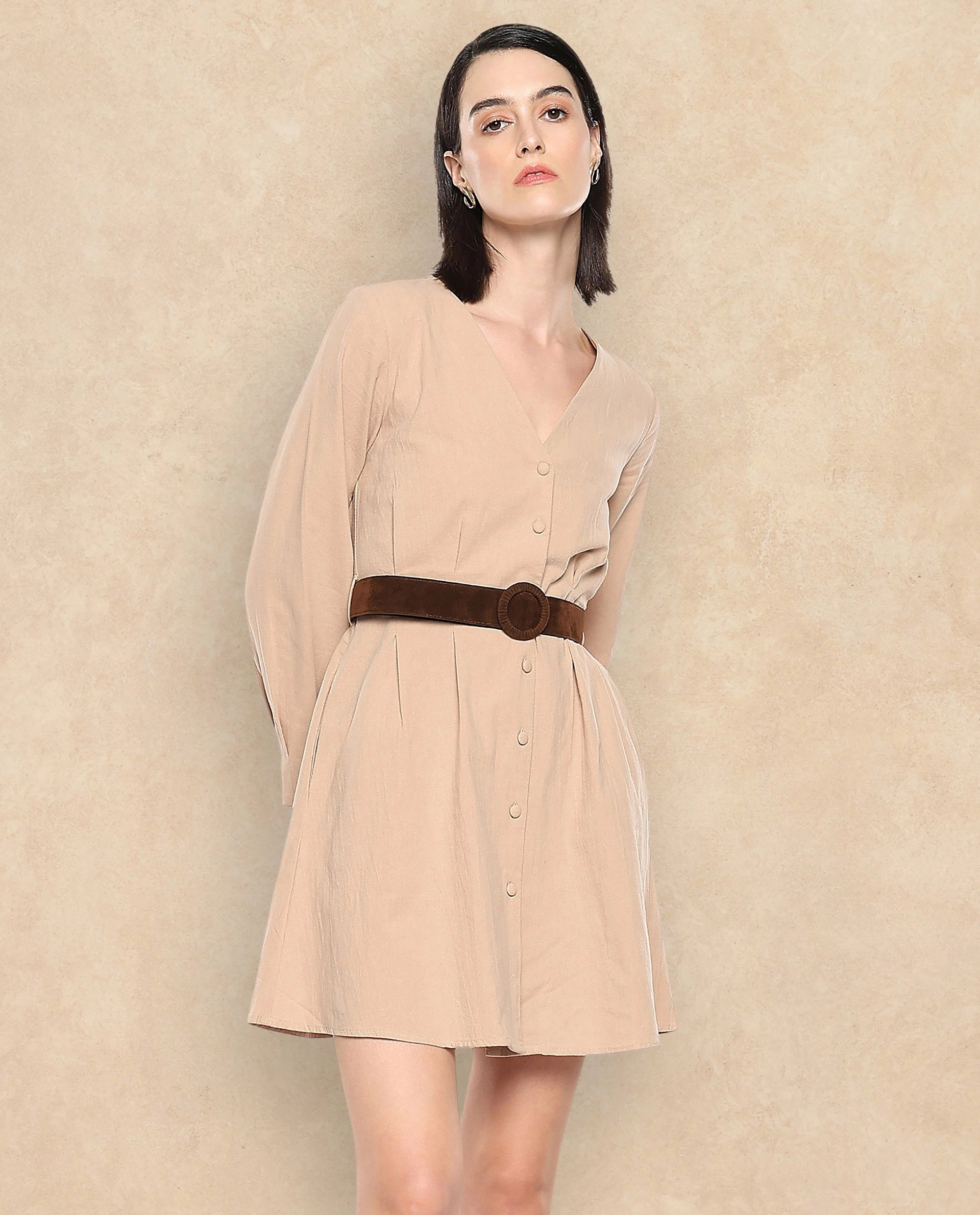 Rareism Women Nami Beige Plain Dress