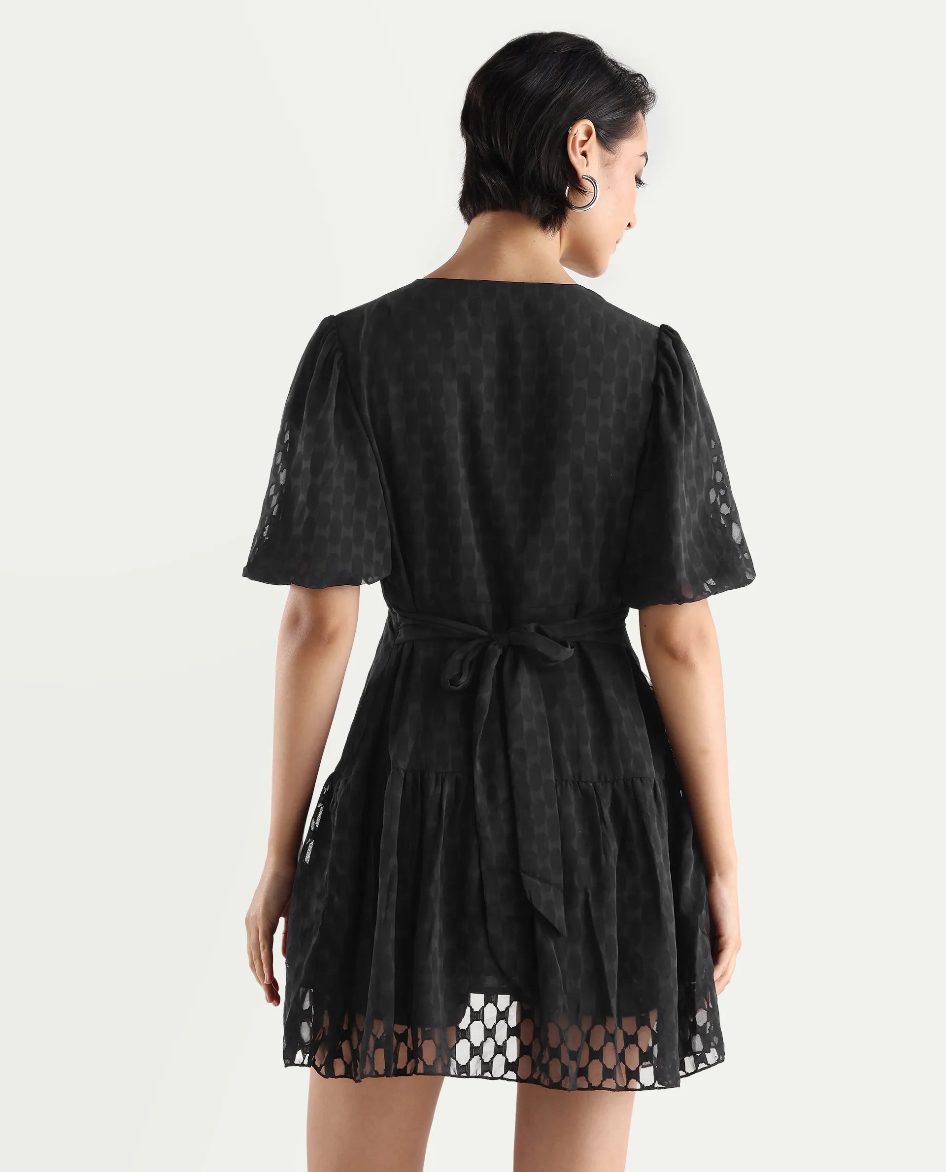 Rareism Women's Namika Black Polyester Blend V-Neck Plain Balloon Sleeve Mini Fit And Flare Dress