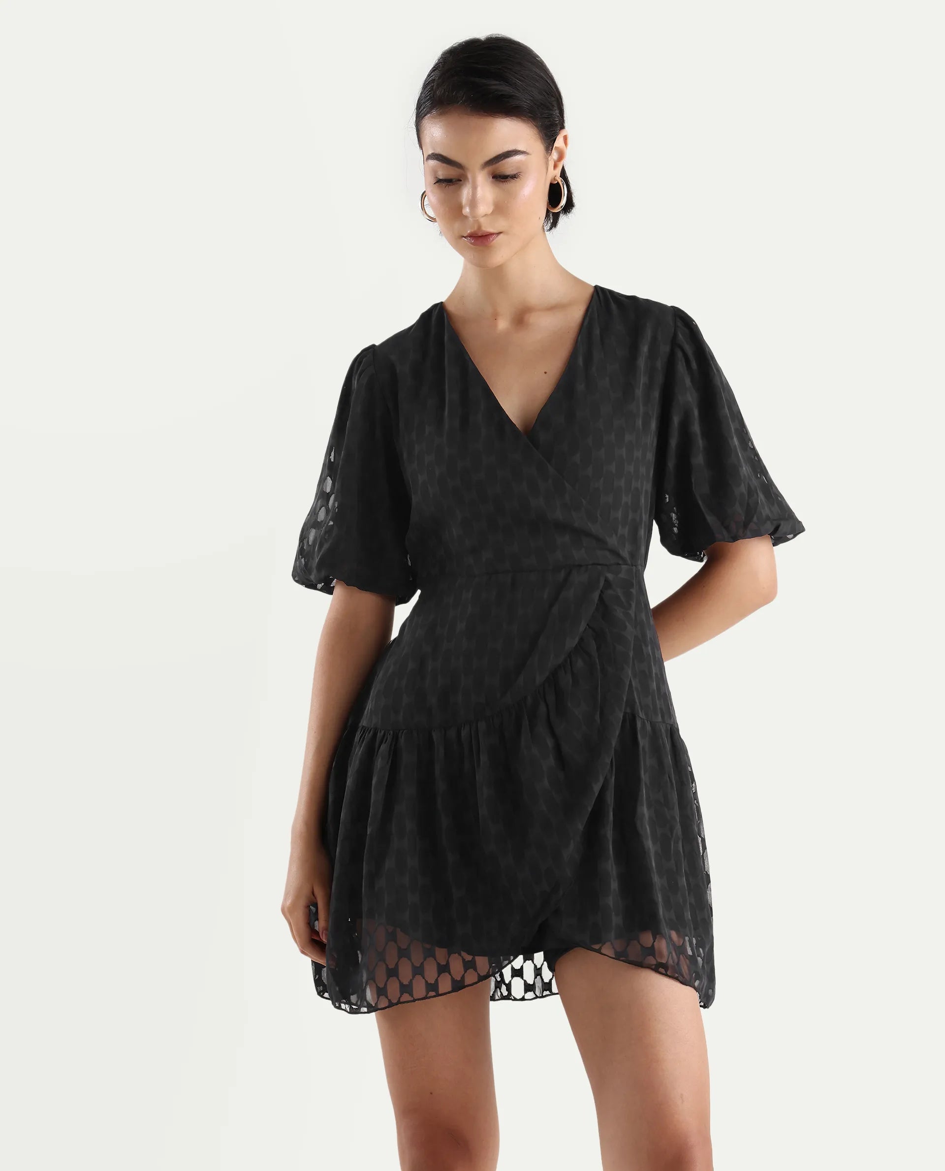 Rareism Women's Namika Black Polyester Blend V-Neck Plain Balloon Sleeve Mini Fit And Flare Dress