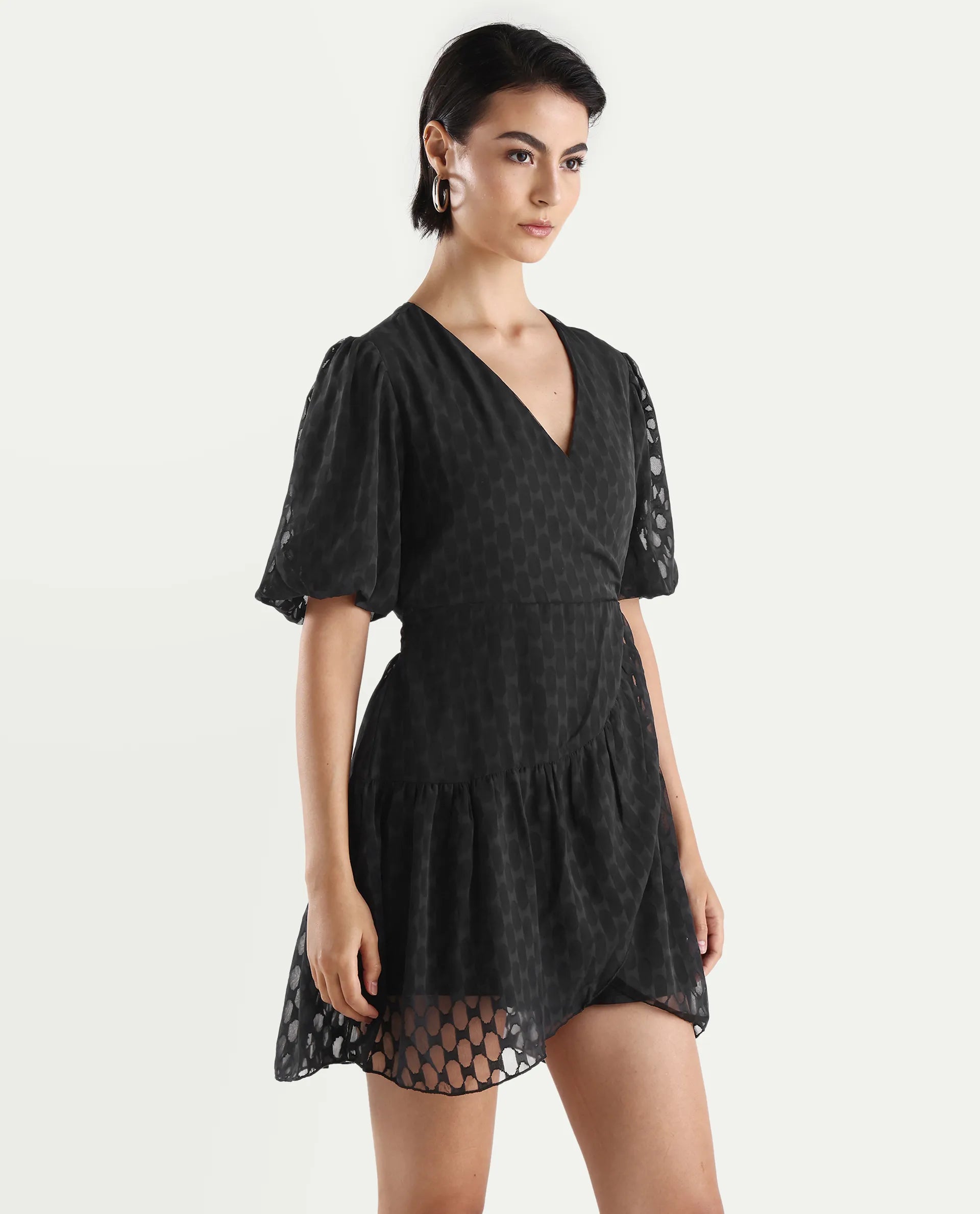 Rareism Women's Namika Black Polyester Blend V-Neck Plain Balloon Sleeve Mini Fit And Flare Dress