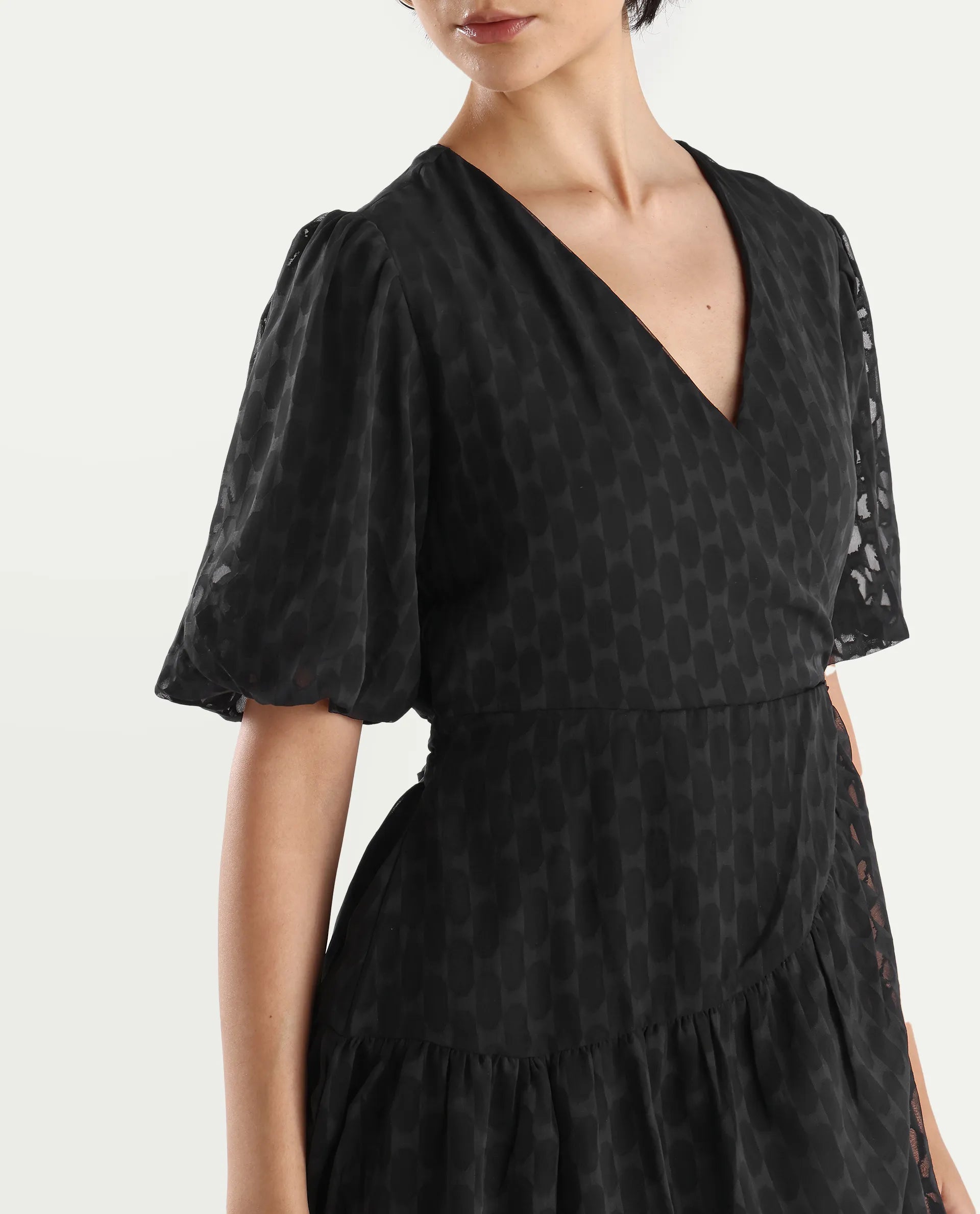 Rareism Women's Namika Black Polyester Blend V-Neck Plain Balloon Sleeve Mini Fit And Flare Dress