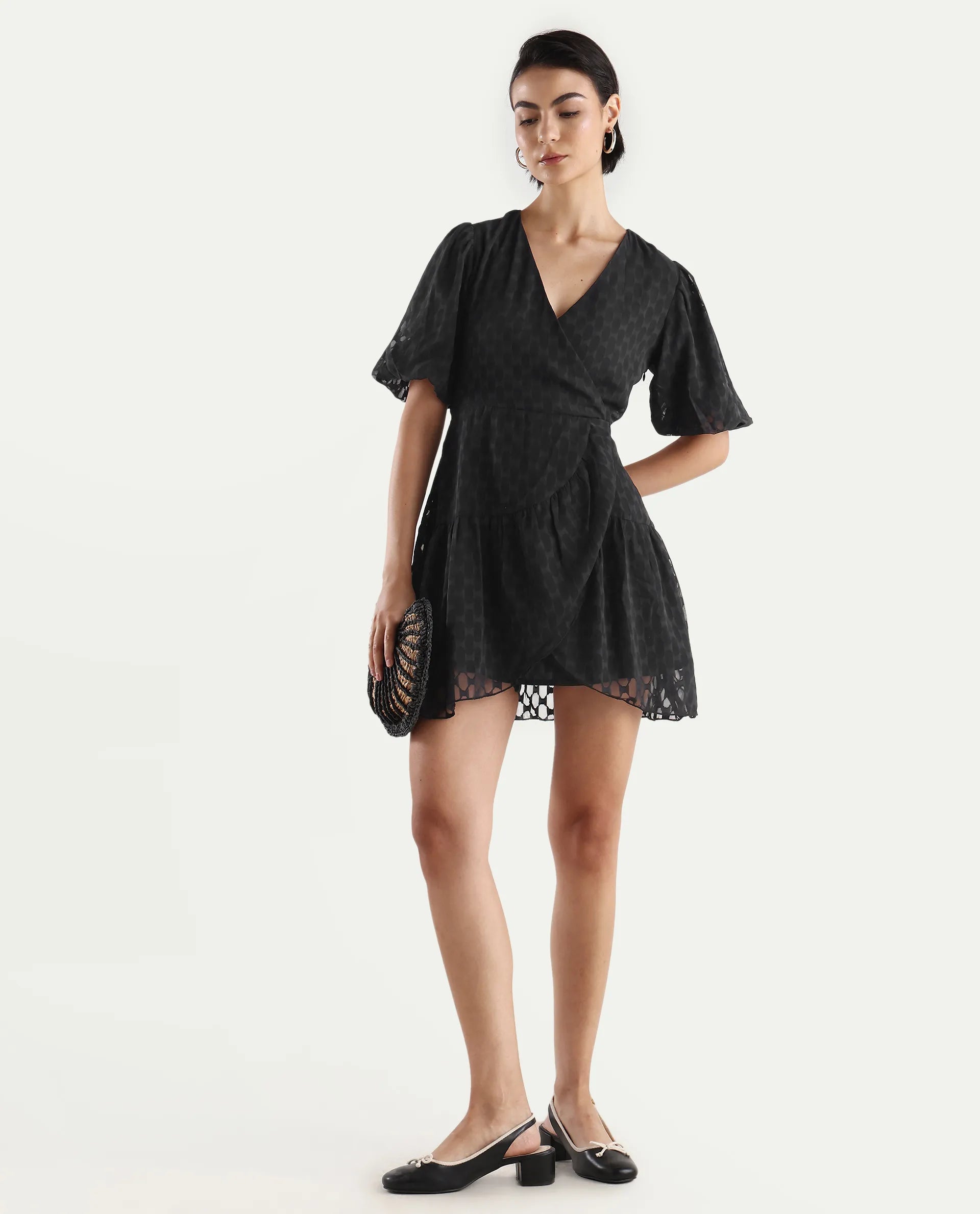 Rareism Women's Namika Black Polyester Blend V-Neck Plain Balloon Sleeve Mini Fit And Flare Dress