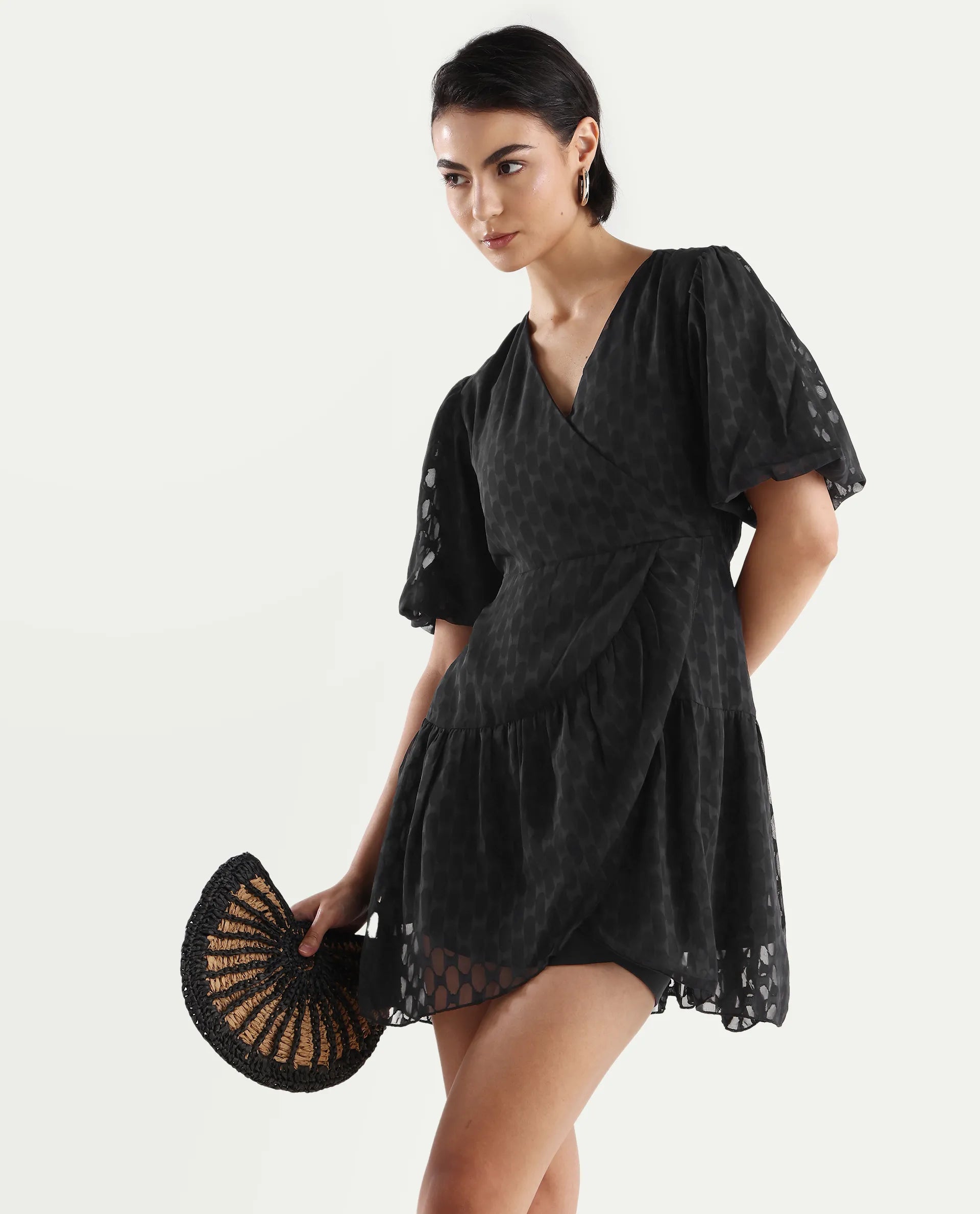 Rareism Women's Namika Black Polyester Blend V-Neck Plain Balloon Sleeve Mini Fit And Flare Dress