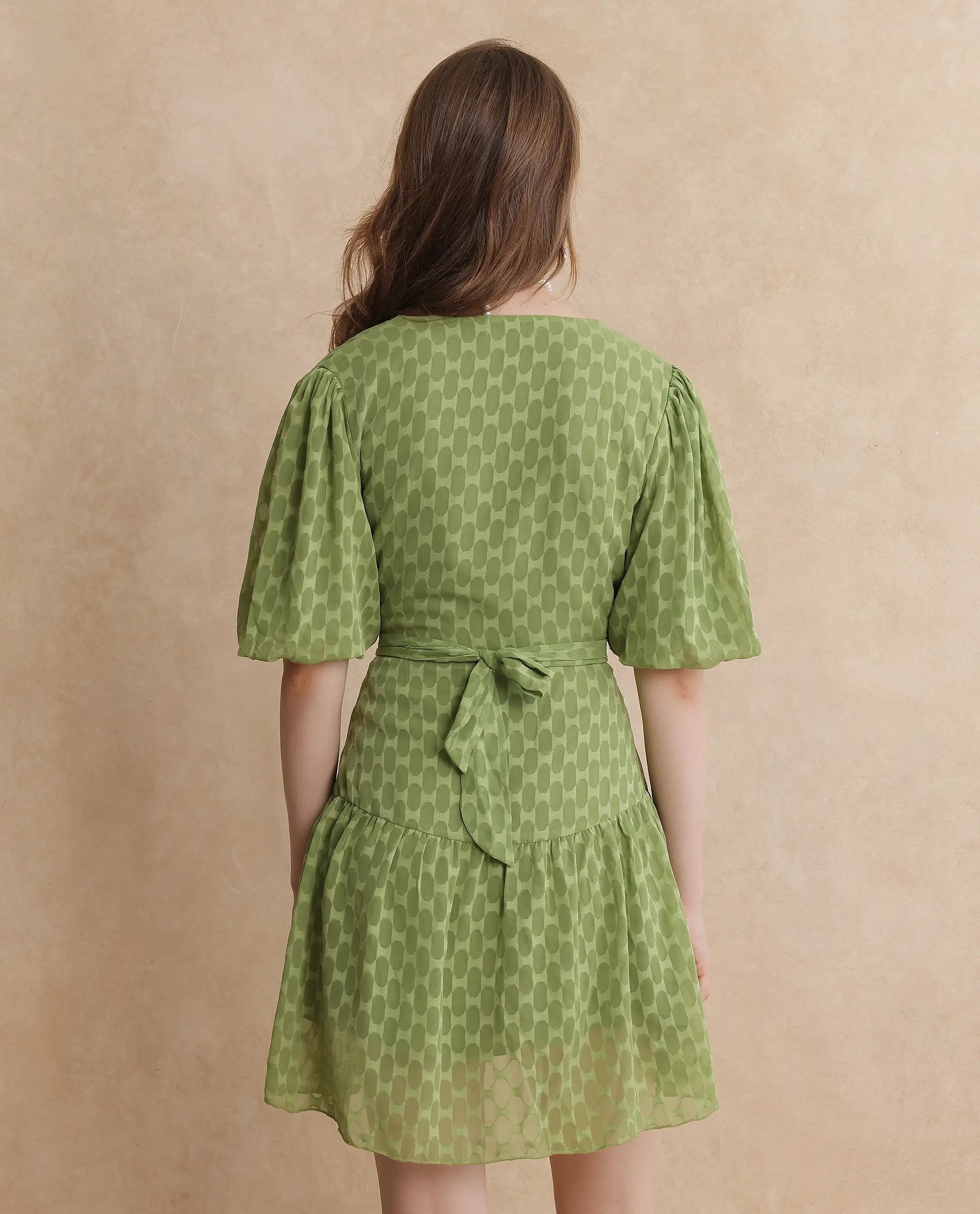 Rareism Women's Namika Light Green V-Neck Tie-Up Closure Balloon Sleeve Plain Fit And Flare Mini Dress