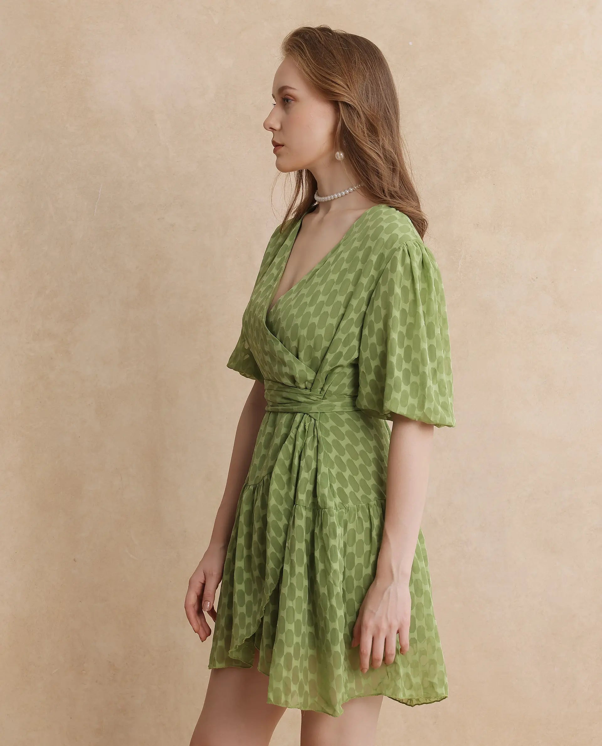 Rareism Women's Namika Light Green V-Neck Tie-Up Closure Balloon Sleeve Plain Fit And Flare Mini Dress