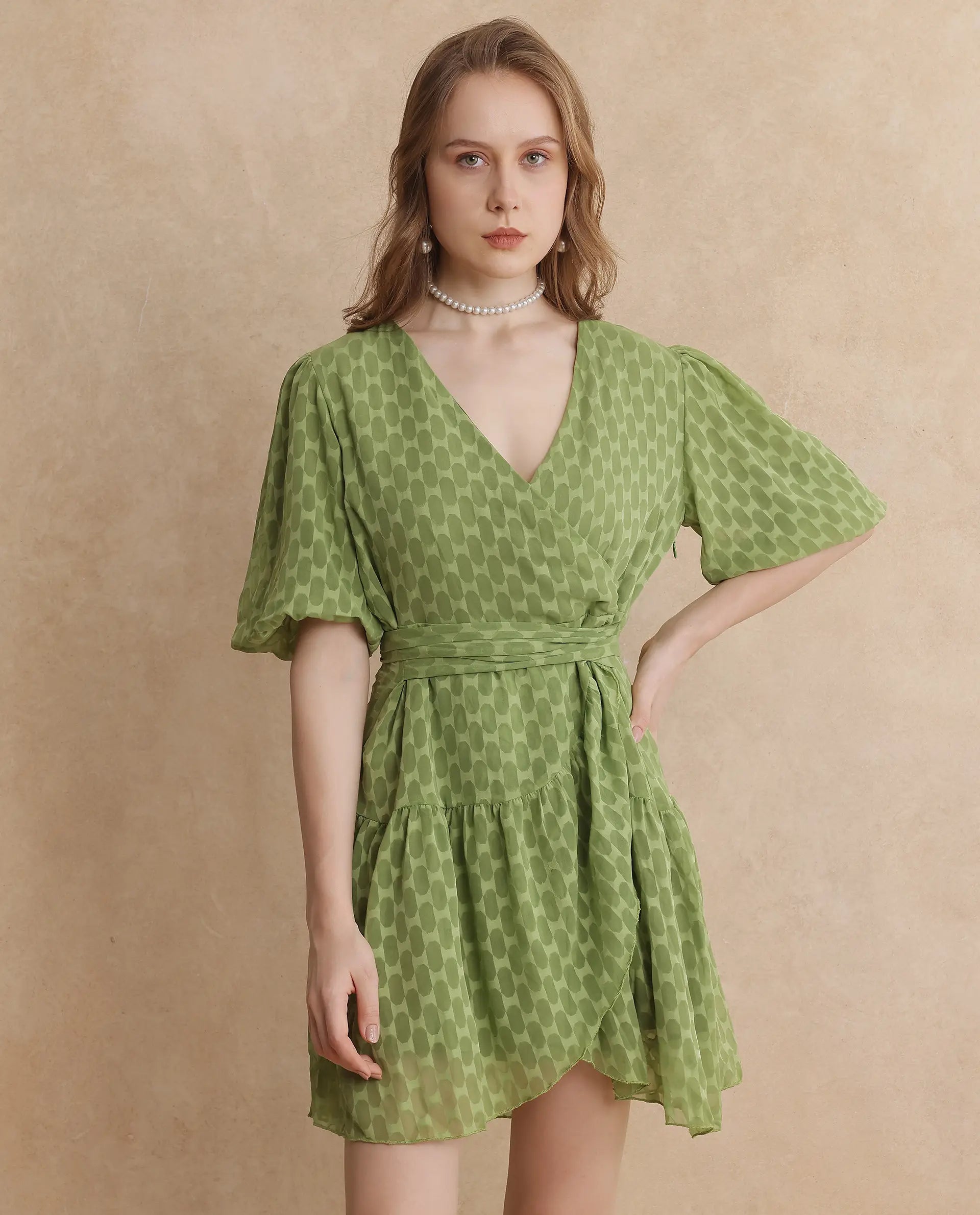 Rareism Women's Namika Light Green V-Neck Tie-Up Closure Balloon Sleeve Plain Fit And Flare Mini Dress