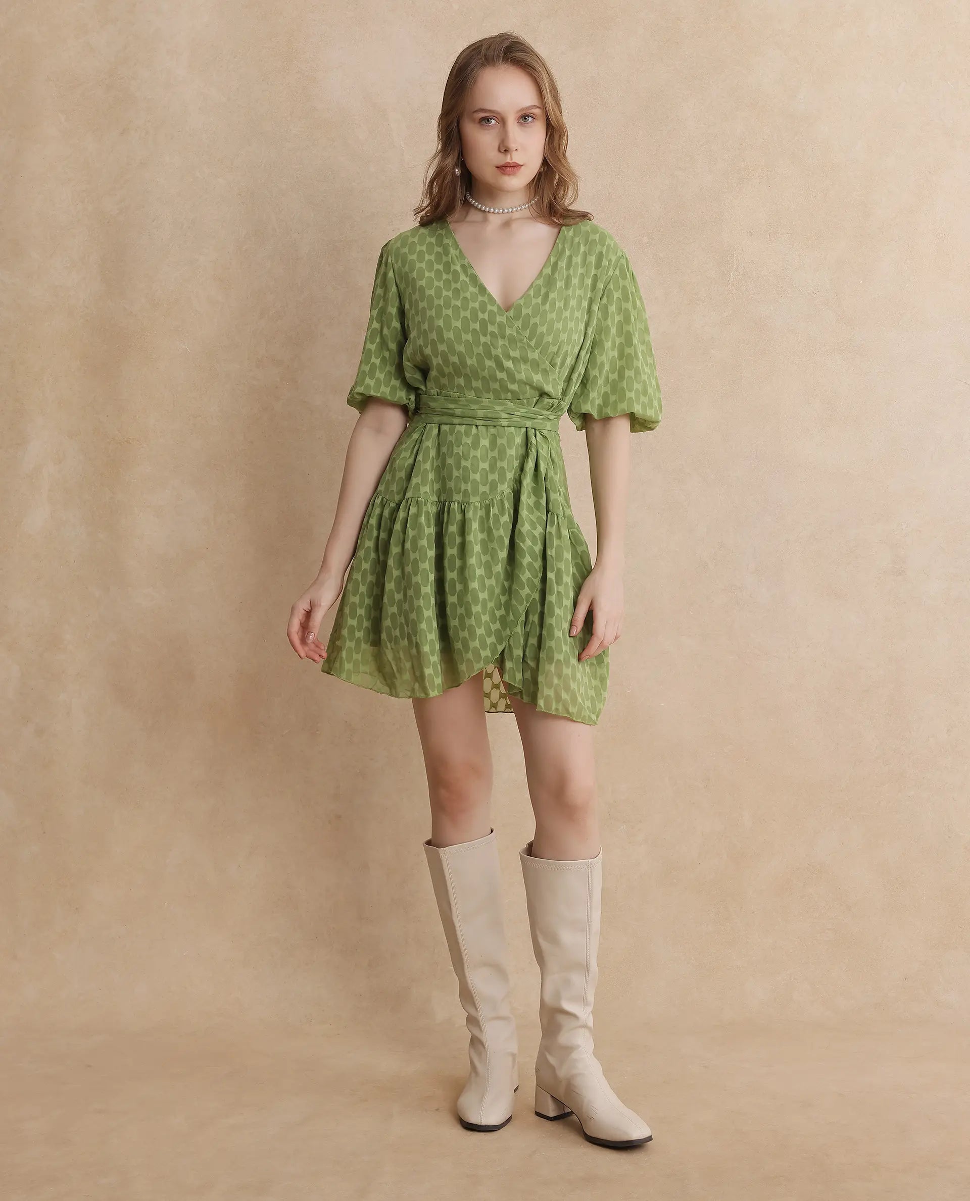 Rareism Women's Namika Light Green V-Neck Tie-Up Closure Balloon Sleeve Plain Fit And Flare Mini Dress