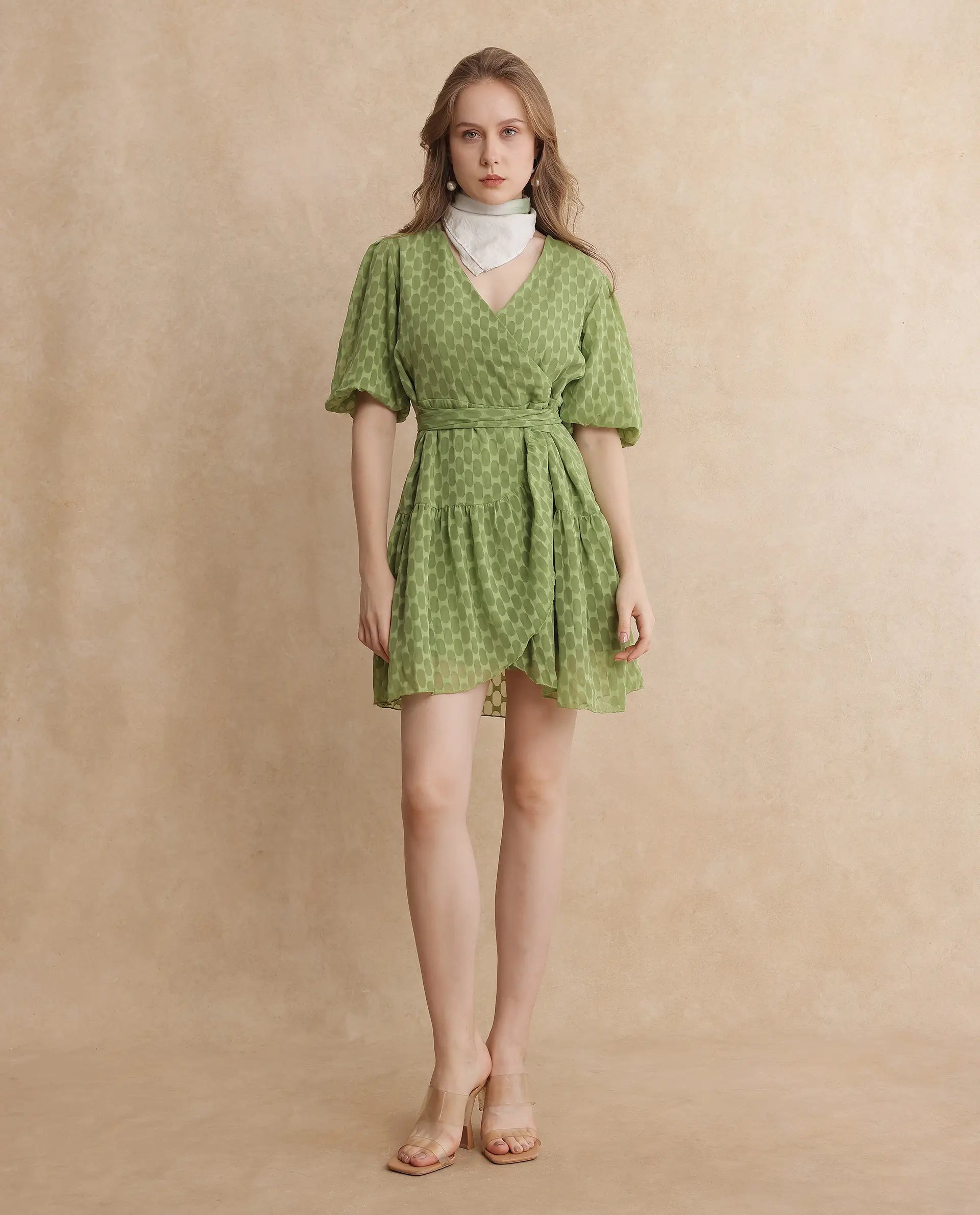 Rareism Women's Namika Light Green V-Neck Tie-Up Closure Balloon Sleeve Plain Fit And Flare Mini Dress