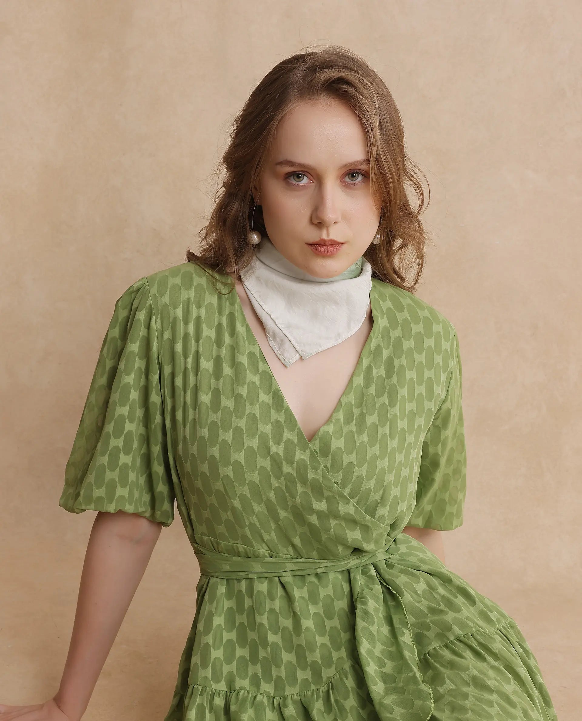 Rareism Women's Namika Light Green V-Neck Tie-Up Closure Balloon Sleeve Plain Fit And Flare Mini Dress