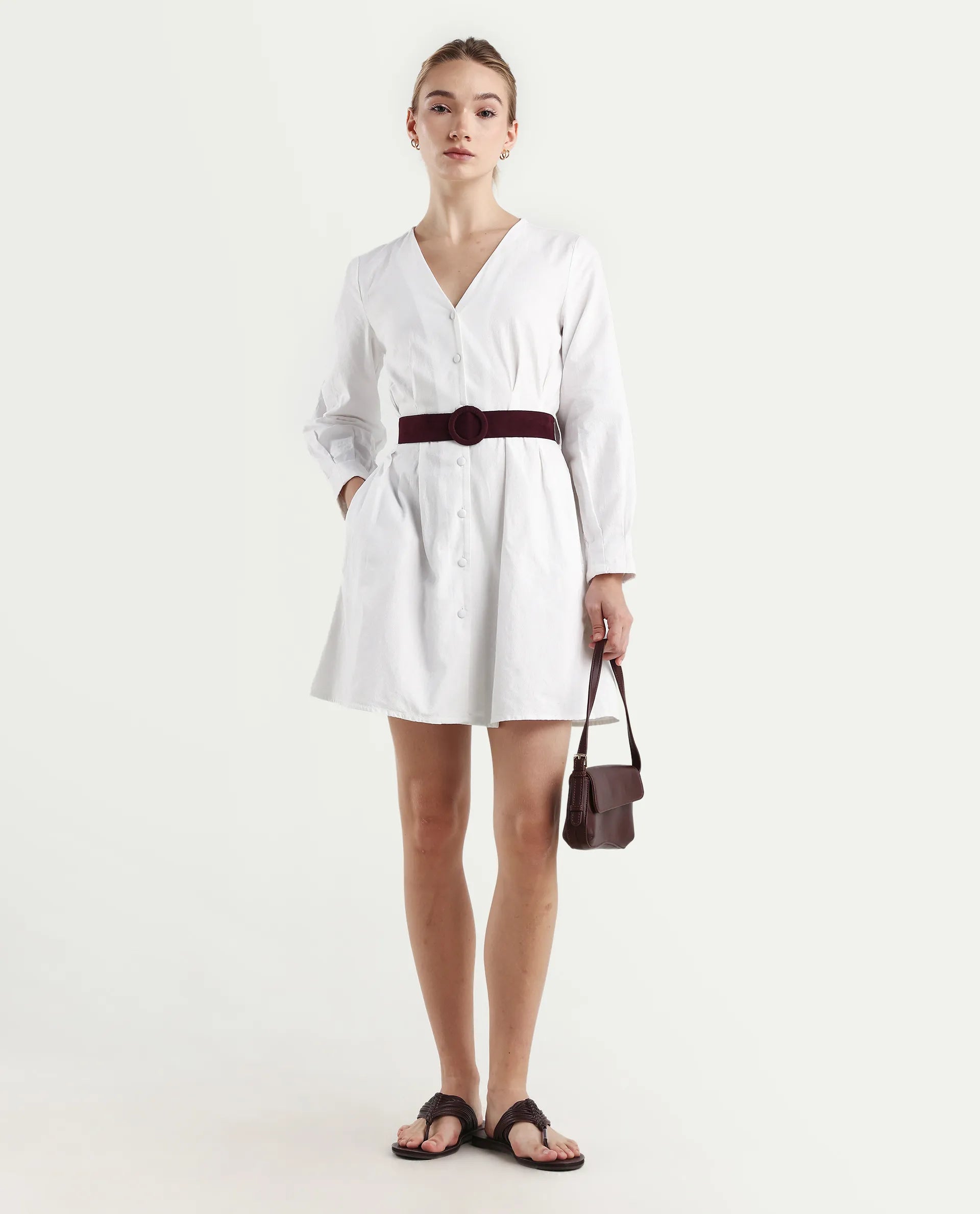 Rareism Women's Nami White Cotton V-Neck Plain Mini Regular Fit Dress