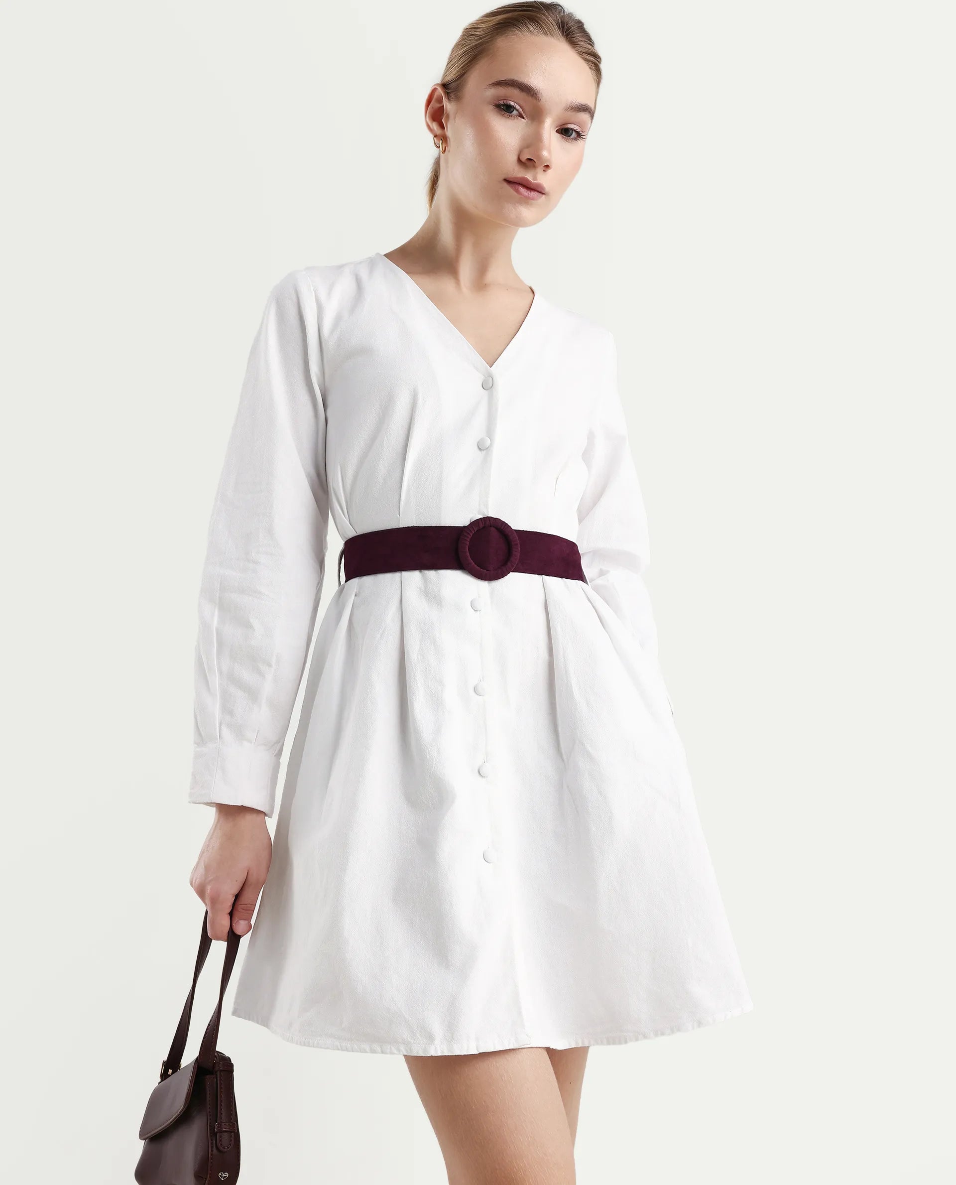 Rareism Women's Nami White Cotton V-Neck Plain Mini Regular Fit Dress