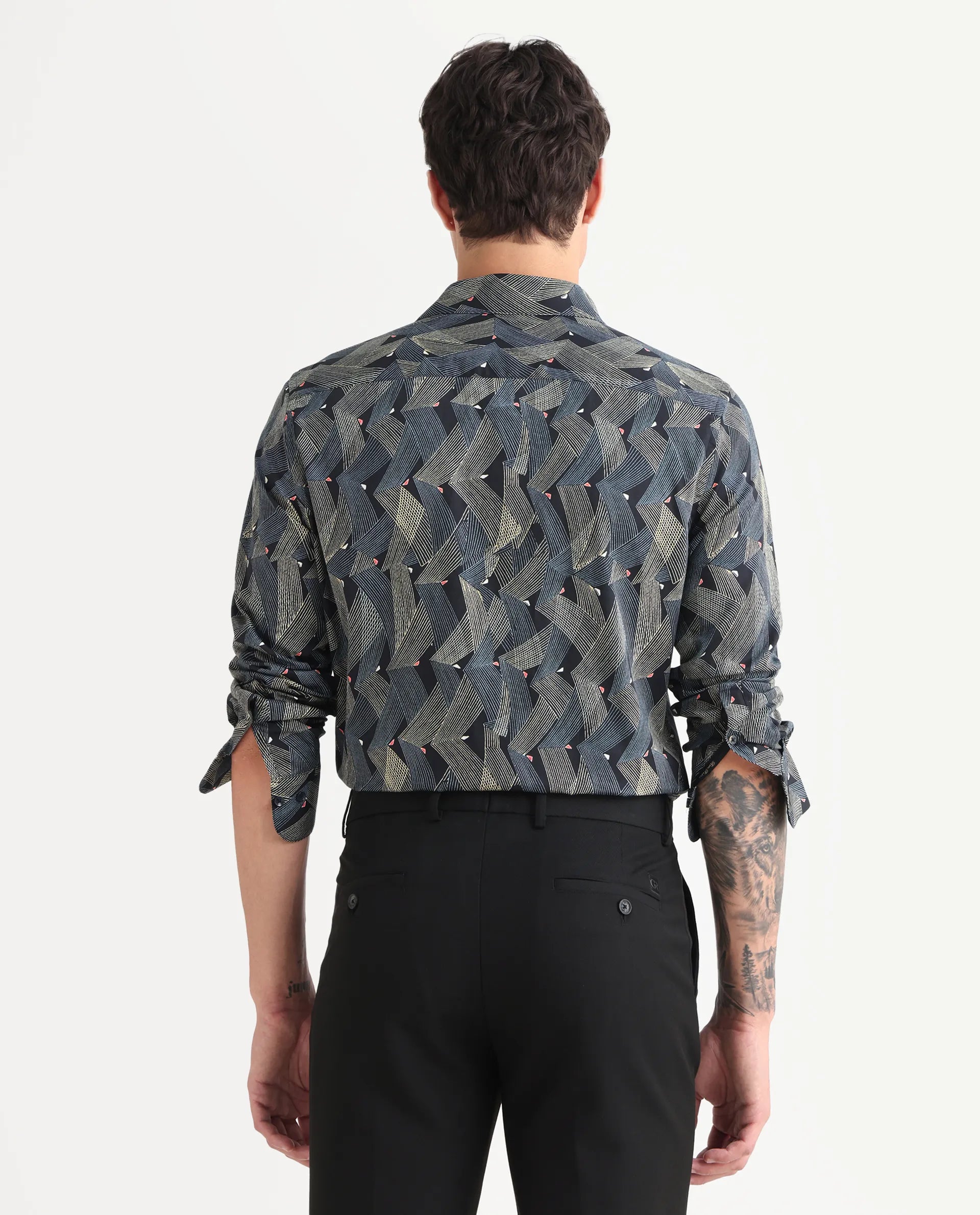 Rare Rabbit Men's Nant-25 Black Cotton Blend Geometric Print Regular Fit Full Sleeve Collared Shirt