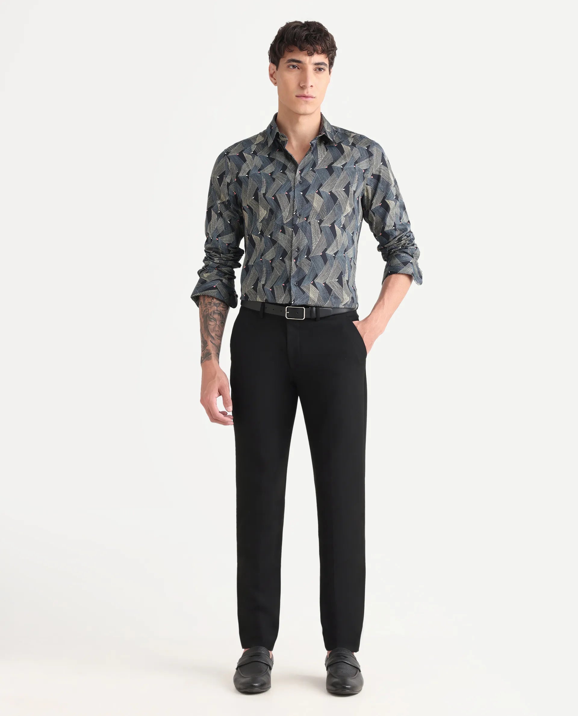 Rare Rabbit Men's Nant-25 Black Cotton Blend Geometric Print Regular Fit Full Sleeve Collared Shirt