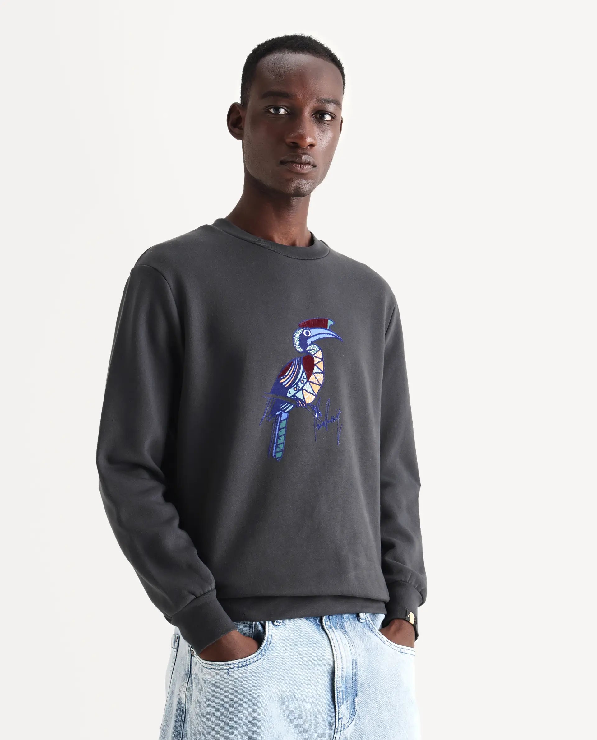 Rare Rabbit Men's Nantes Dark Grey Cotton Blend Graphic Print Boxy Fit Full Sleeve Crew Neck Sweatshirt
