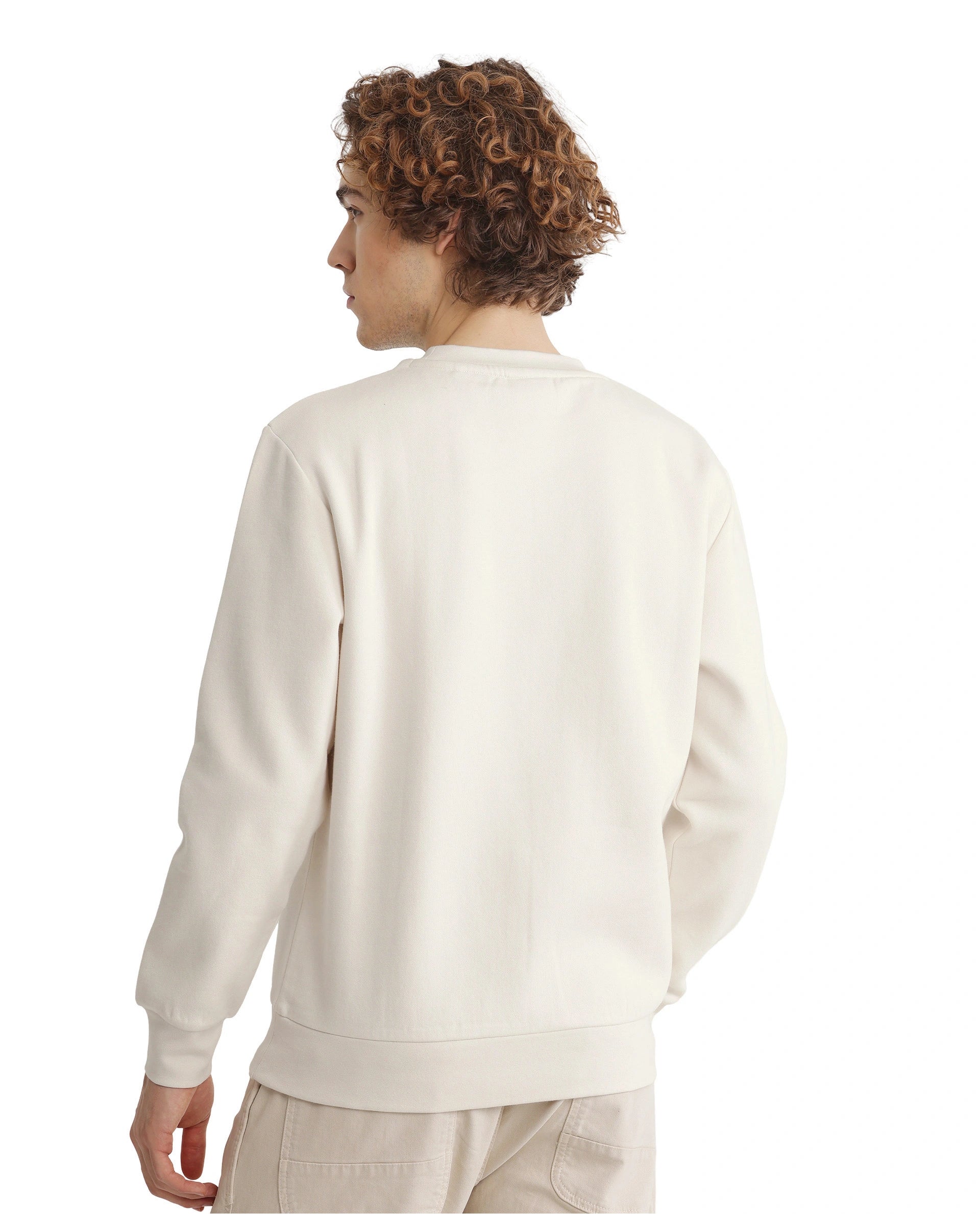 Rare Rabbit Men Nantes Off White Cotton Blend Fabric Full Sleeve Crew Neck Oversized Fit Flock and HD Animal Print Sweatshirt