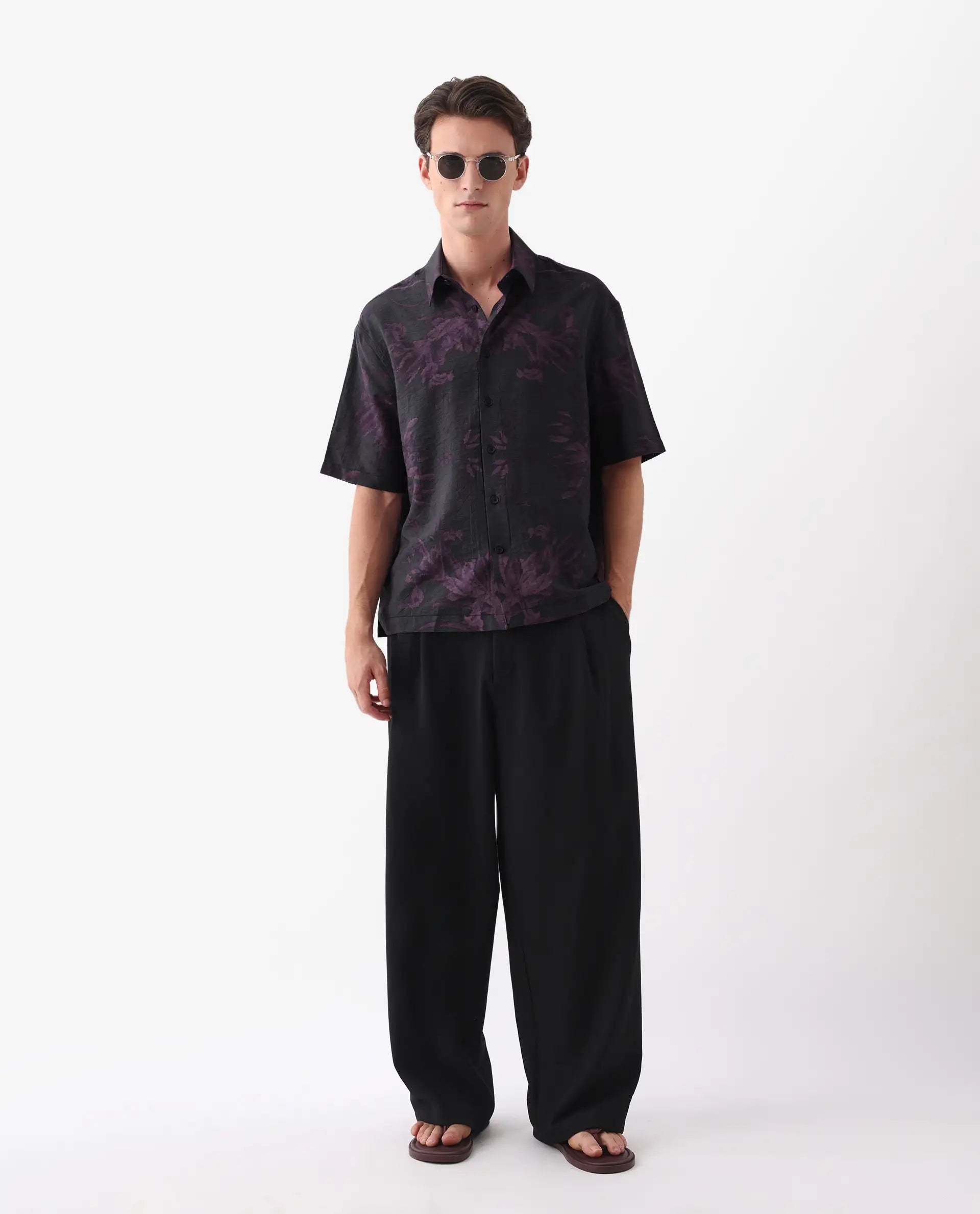Rare Rabbit Men's Nao Black Cotton Blend Abstract Print Boxy Fit Half Sleeve Collared Shirt
