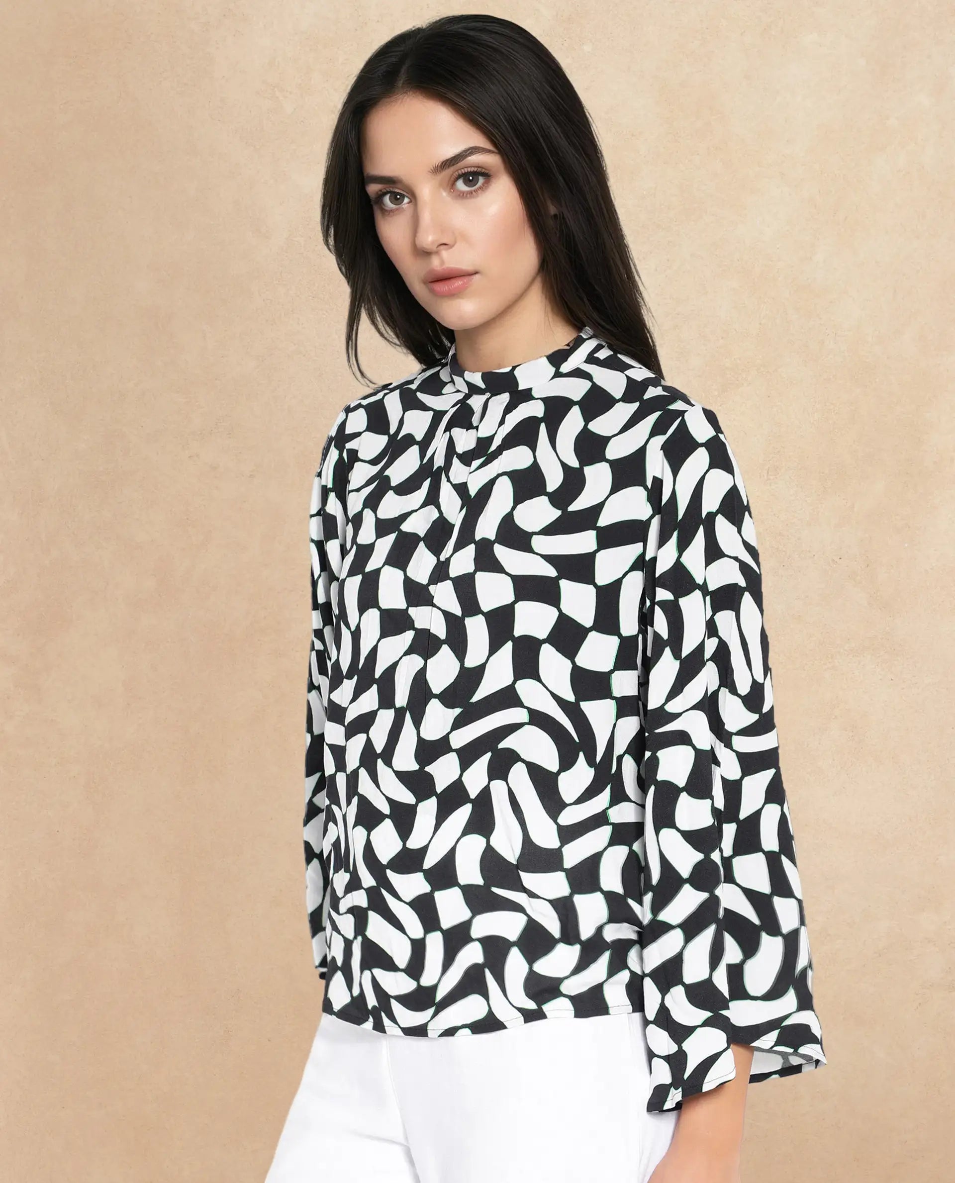 Rareism Women Napleo Black Bell Sleeves High Neck Button Geometric Print Top