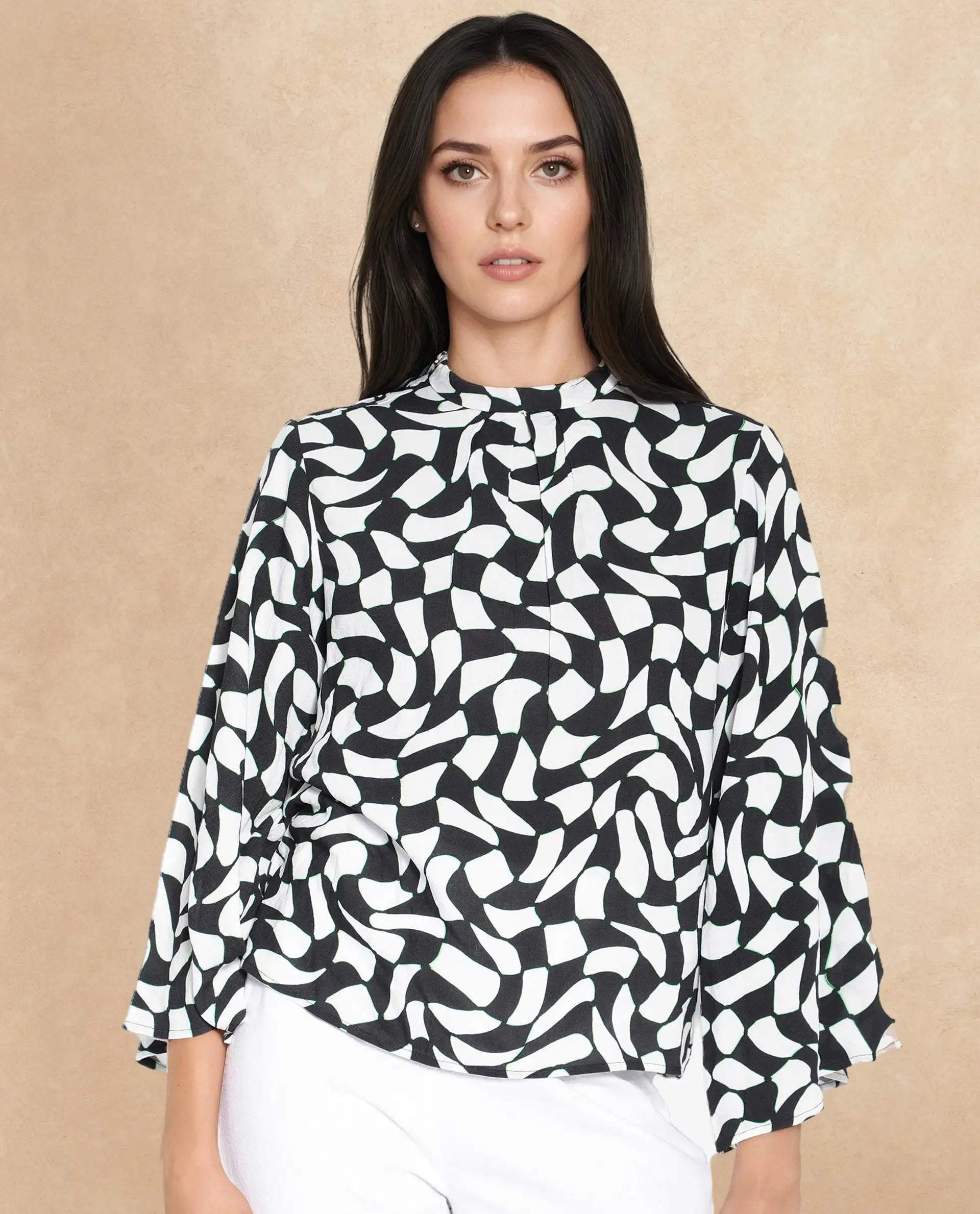 Rareism Women Napleo Black Bell Sleeves High Neck Button Geometric Print Top