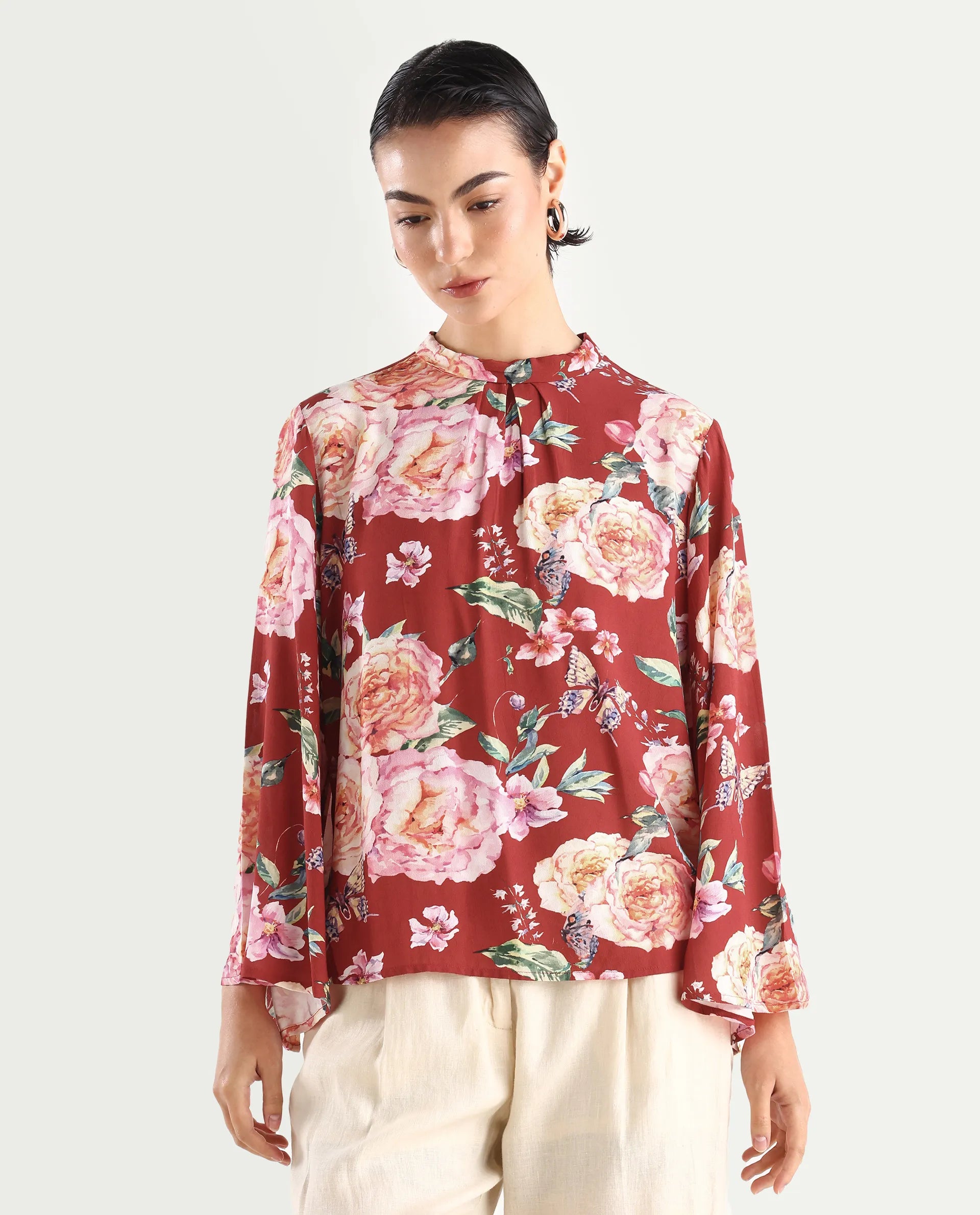 Rareism Women's Naplesco Maroon Viscose Blend High Neck Floral Print Bell Sleeve Regular Fit Top