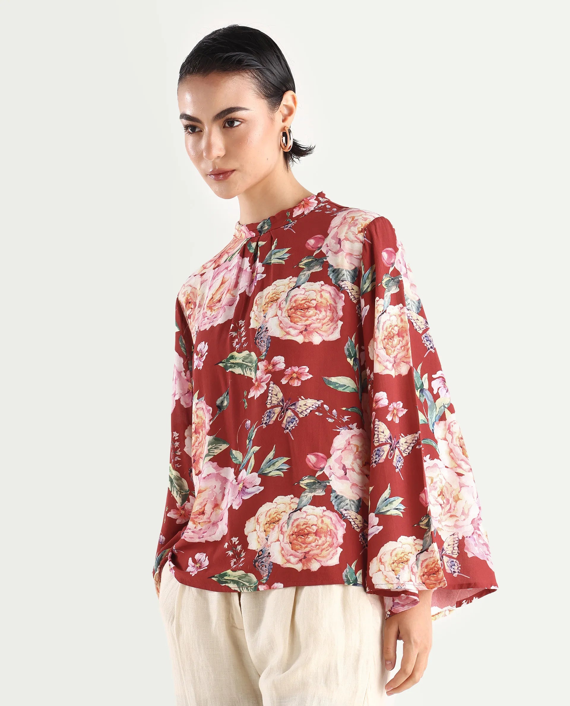 Rareism Women's Naplesco Maroon Viscose Blend High Neck Floral Print Bell Sleeve Regular Fit Top