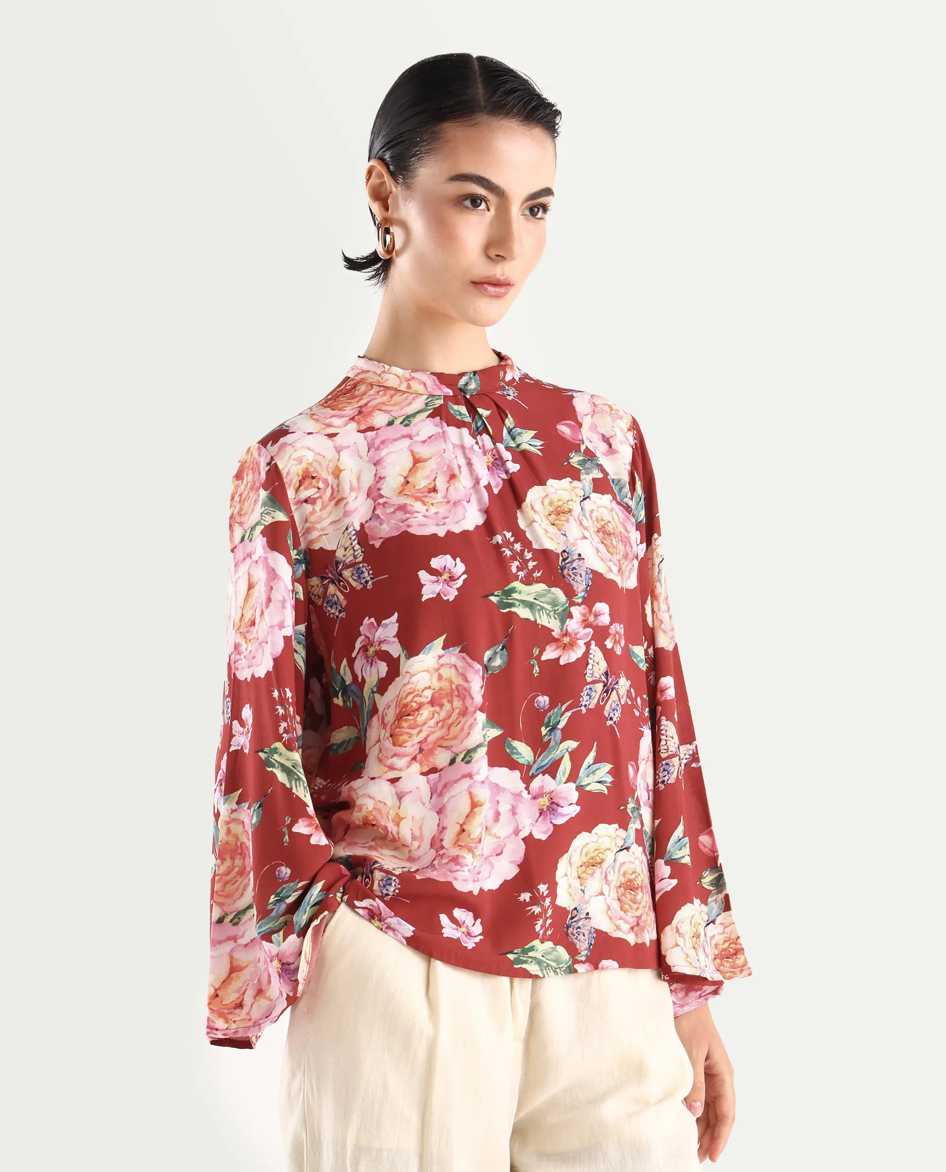 Rareism Women's Naplesco Maroon Viscose Blend High Neck Floral Print Bell Sleeve Regular Fit Top