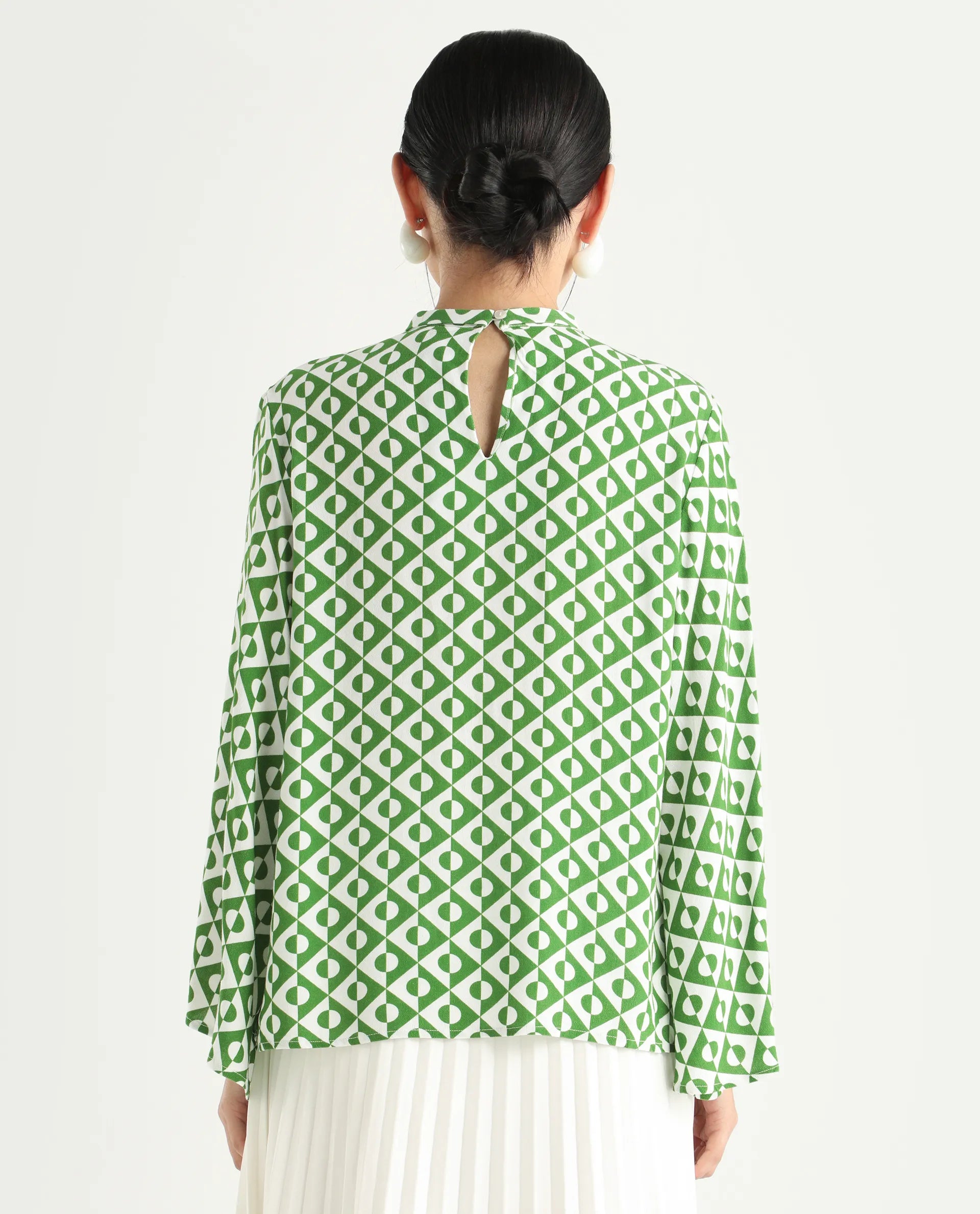 Rareism Women's Naples Dark Green Viscose Blend High Neck Geometric Print Bell Sleeve Regular Fit Top
