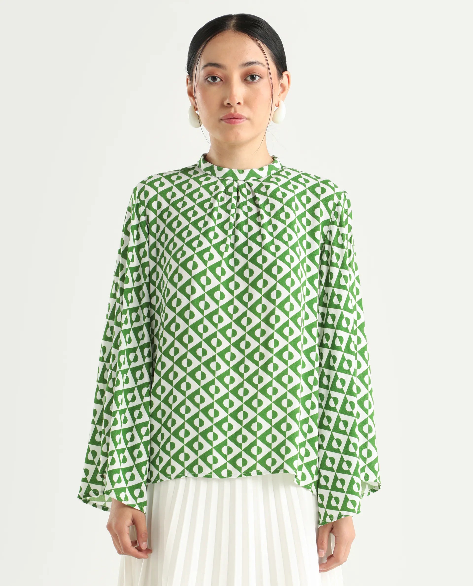 Rareism Women's Naples Dark Green Viscose Blend High Neck Geometric Print Bell Sleeve Regular Fit Top
