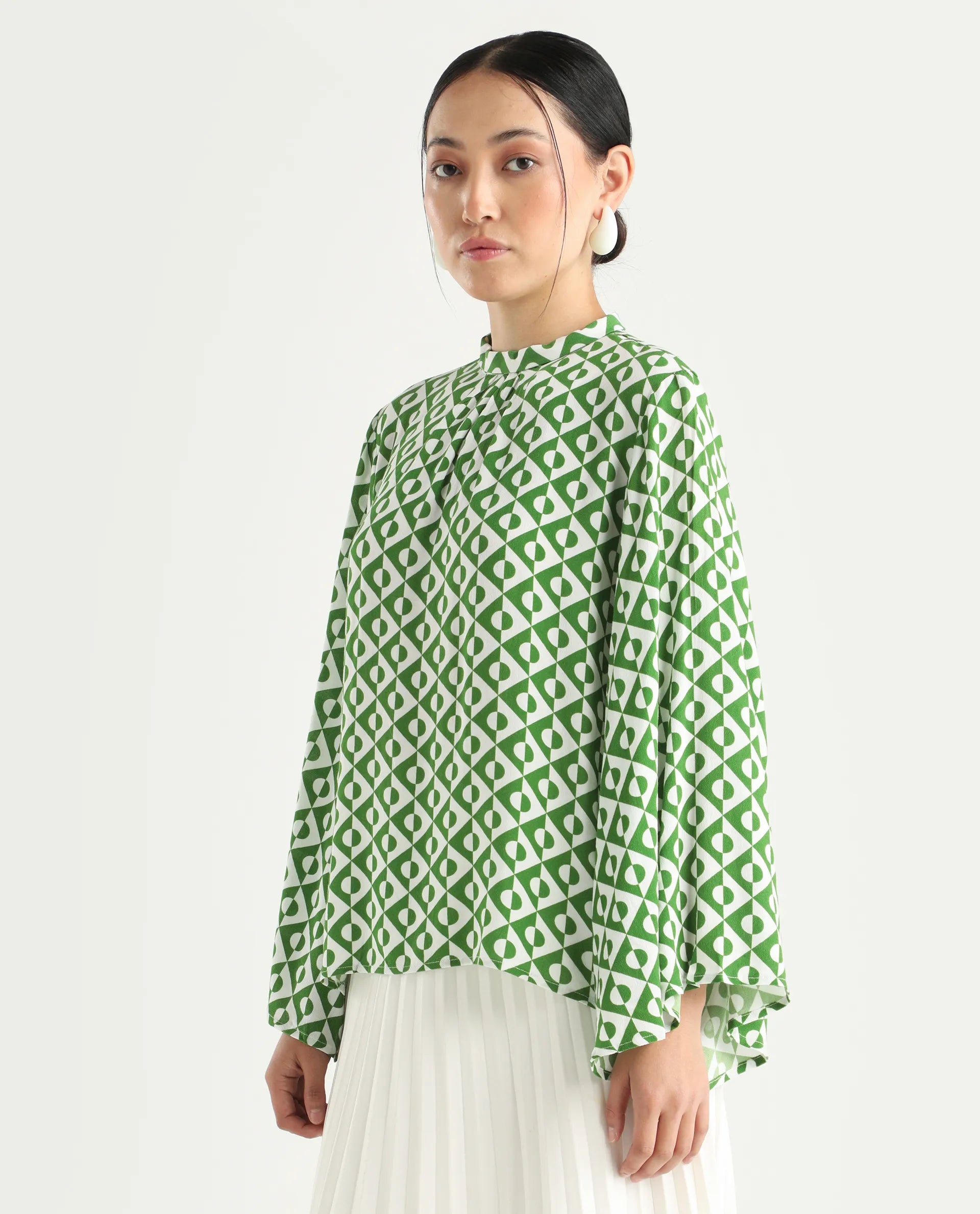 Rareism Women's Naples Dark Green Viscose Blend High Neck Geometric Print Bell Sleeve Regular Fit Top