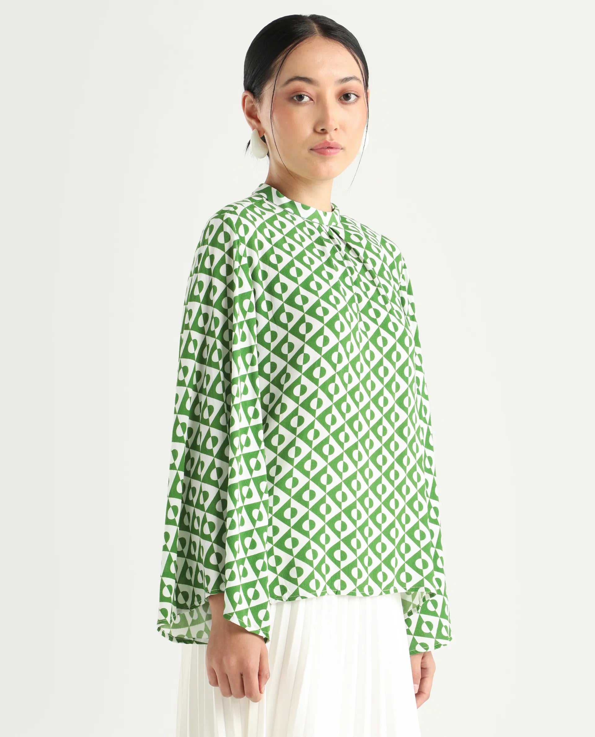 Rareism Women's Naples Dark Green Viscose Blend High Neck Geometric Print Bell Sleeve Regular Fit Top