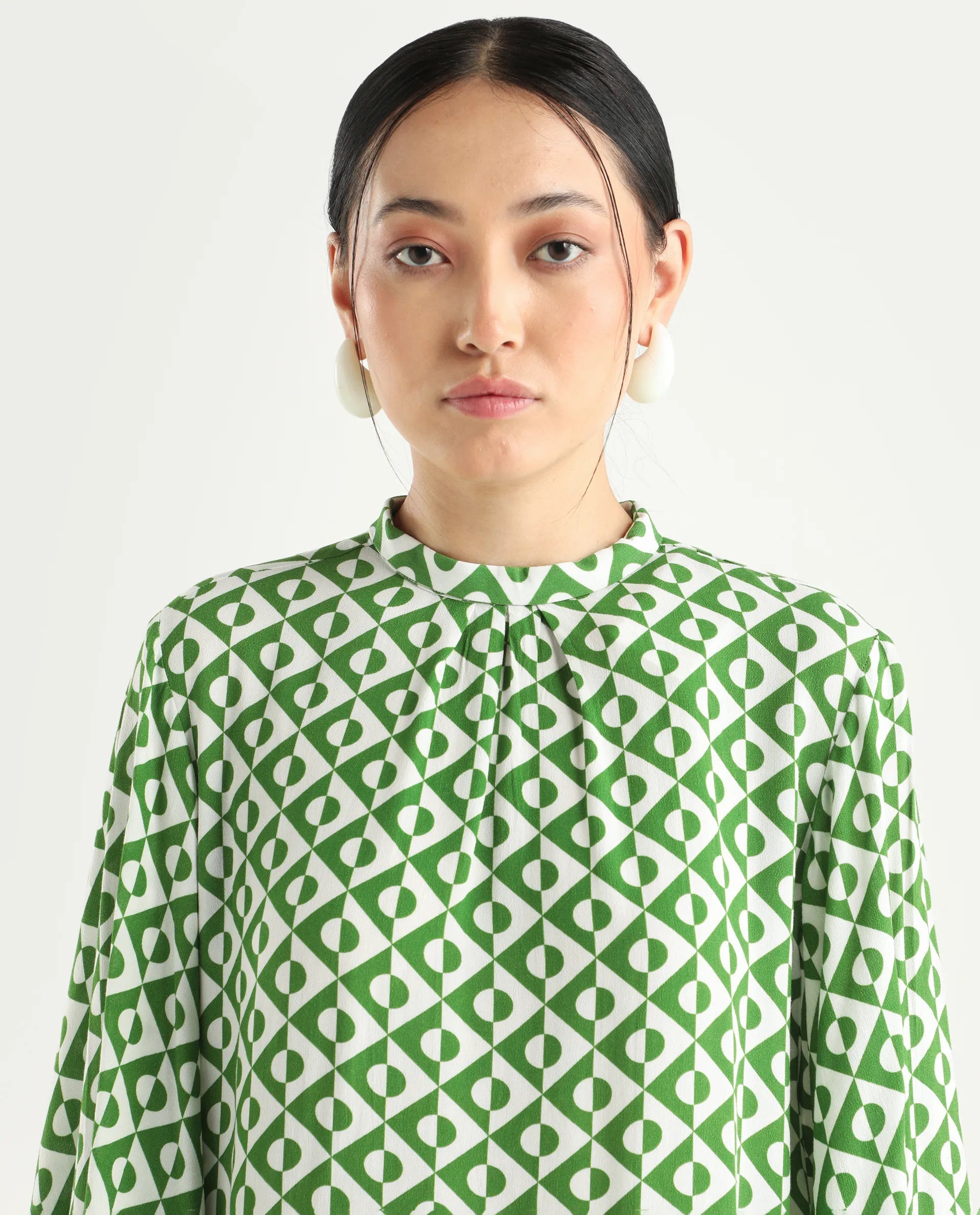 Rareism Women's Naples Dark Green Viscose Blend High Neck Geometric Print Bell Sleeve Regular Fit Top