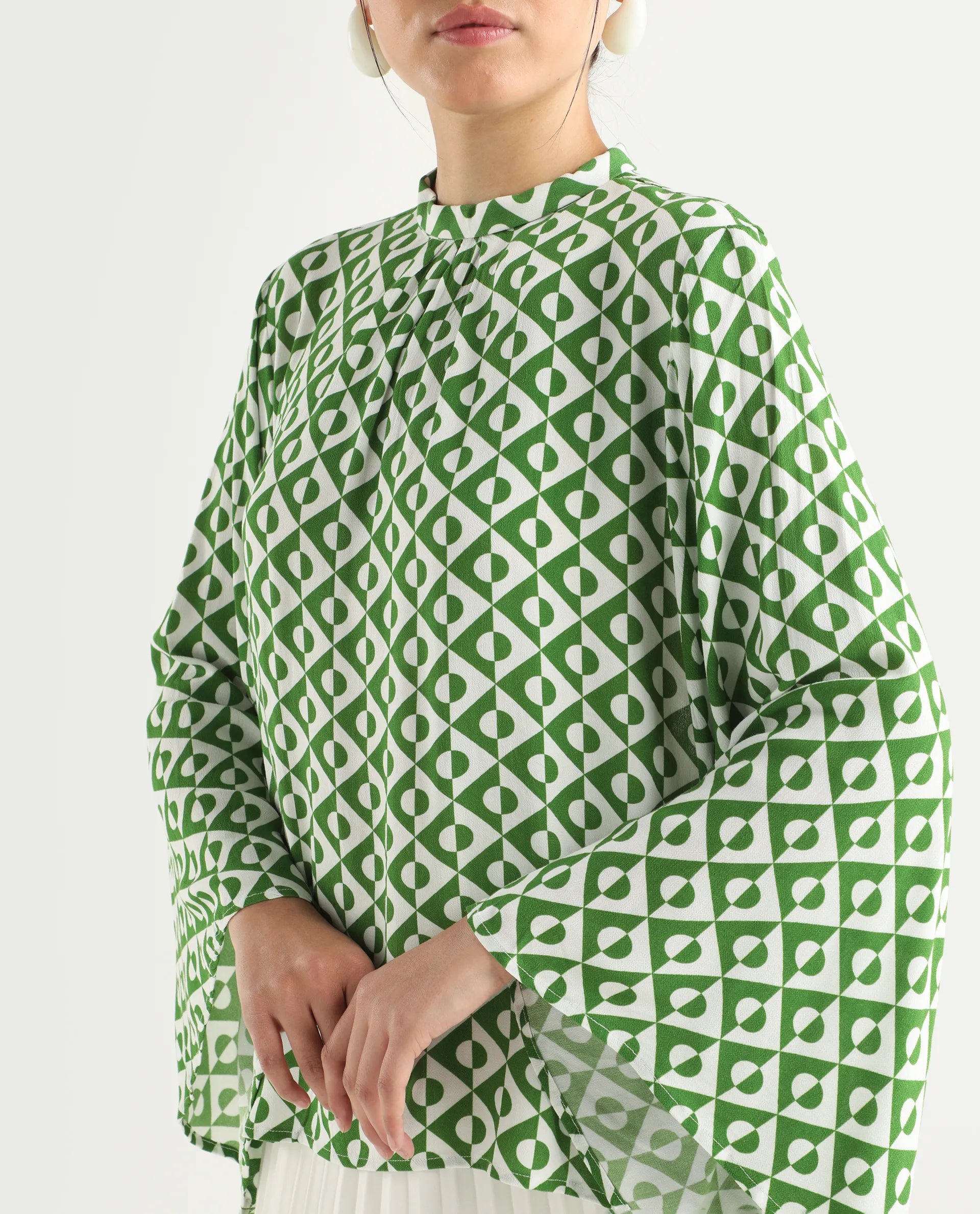 Rareism Women's Naples Dark Green Viscose Blend High Neck Geometric Print Bell Sleeve Regular Fit Top