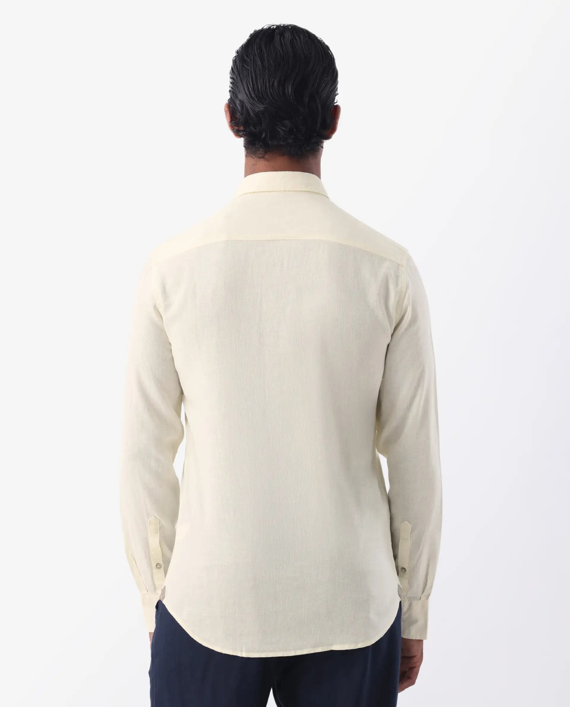 Rare Rabbit Men's Naples Yellow Linen Blend Plain Regular Fit Full Sleeve Collared Shirt