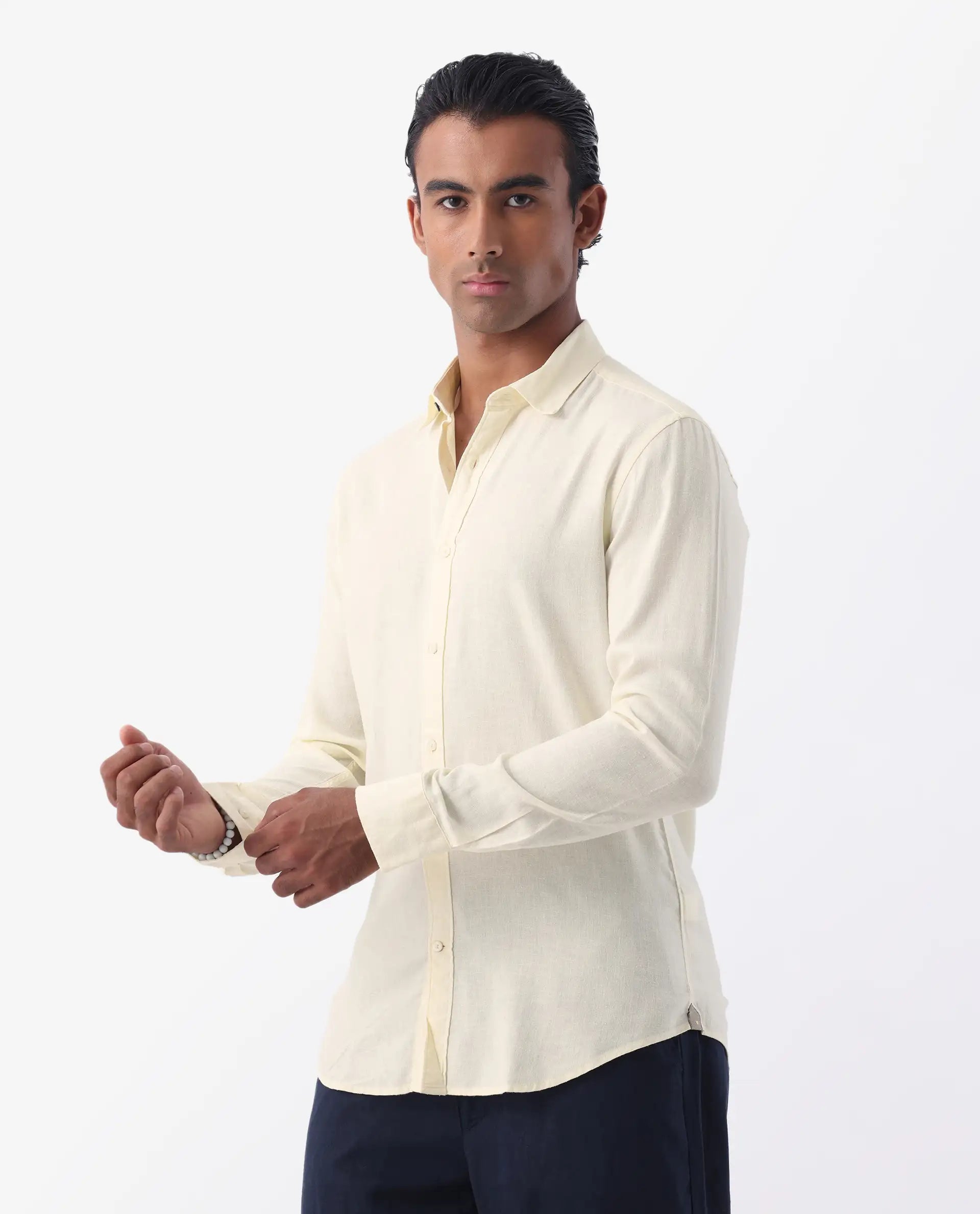 Rare Rabbit Men's Naples Yellow Linen Blend Plain Regular Fit Full Sleeve Collared Shirt