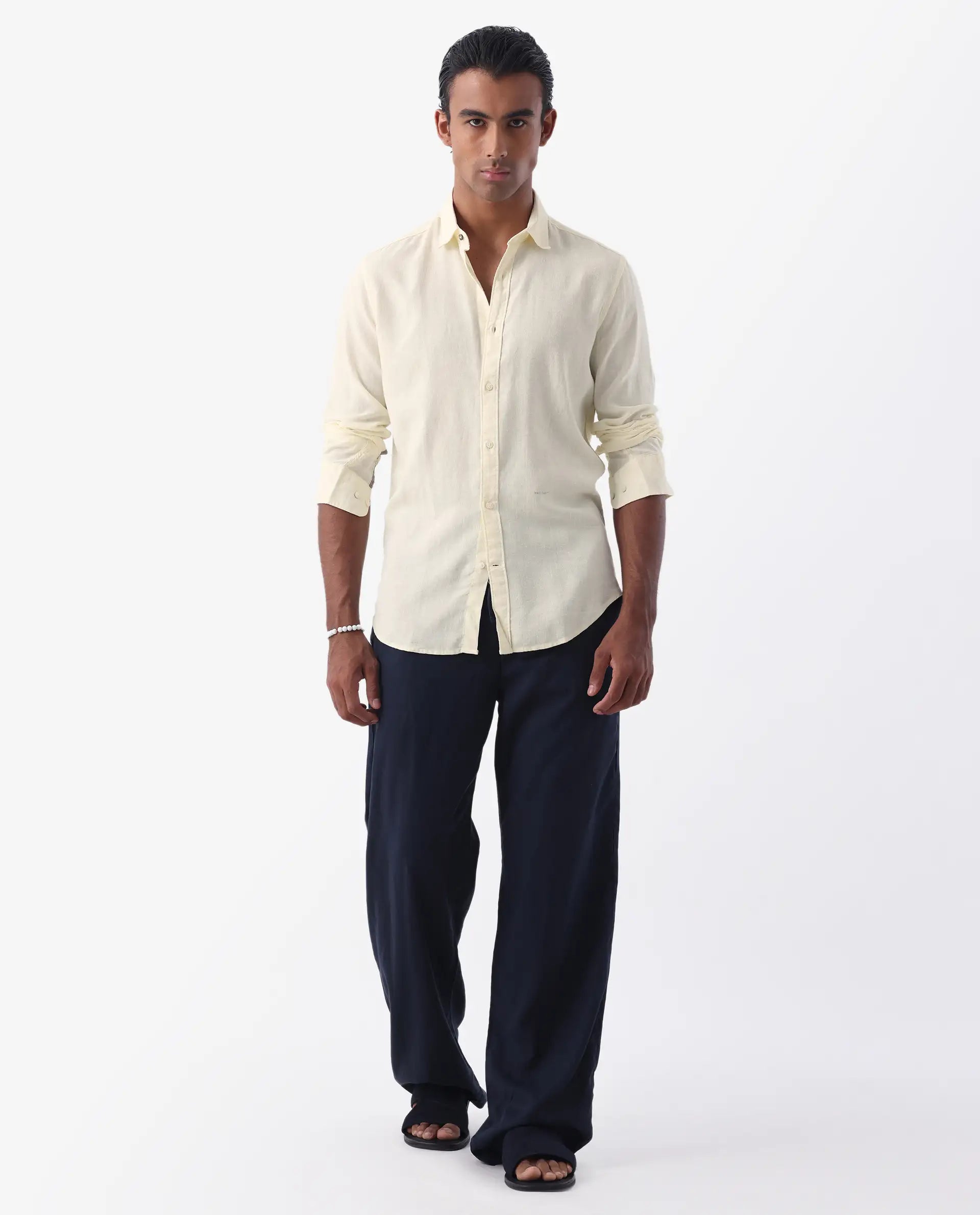 Rare Rabbit Men's Naples Yellow Linen Blend Plain Regular Fit Full Sleeve Collared Shirt