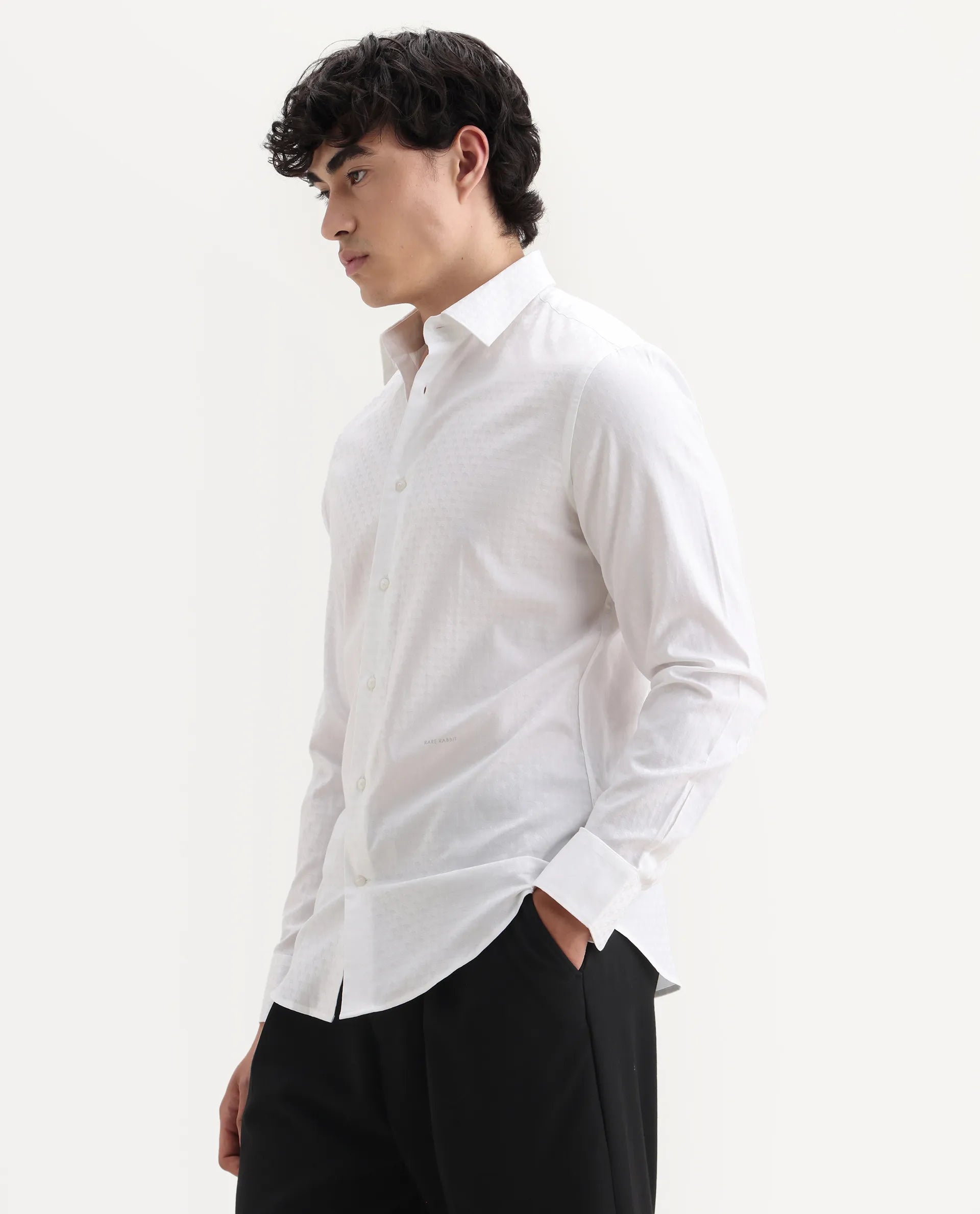 Rare Rabbit Men's Narb White Cotton Spread Collar Fit And Flare Jacquard Shirt