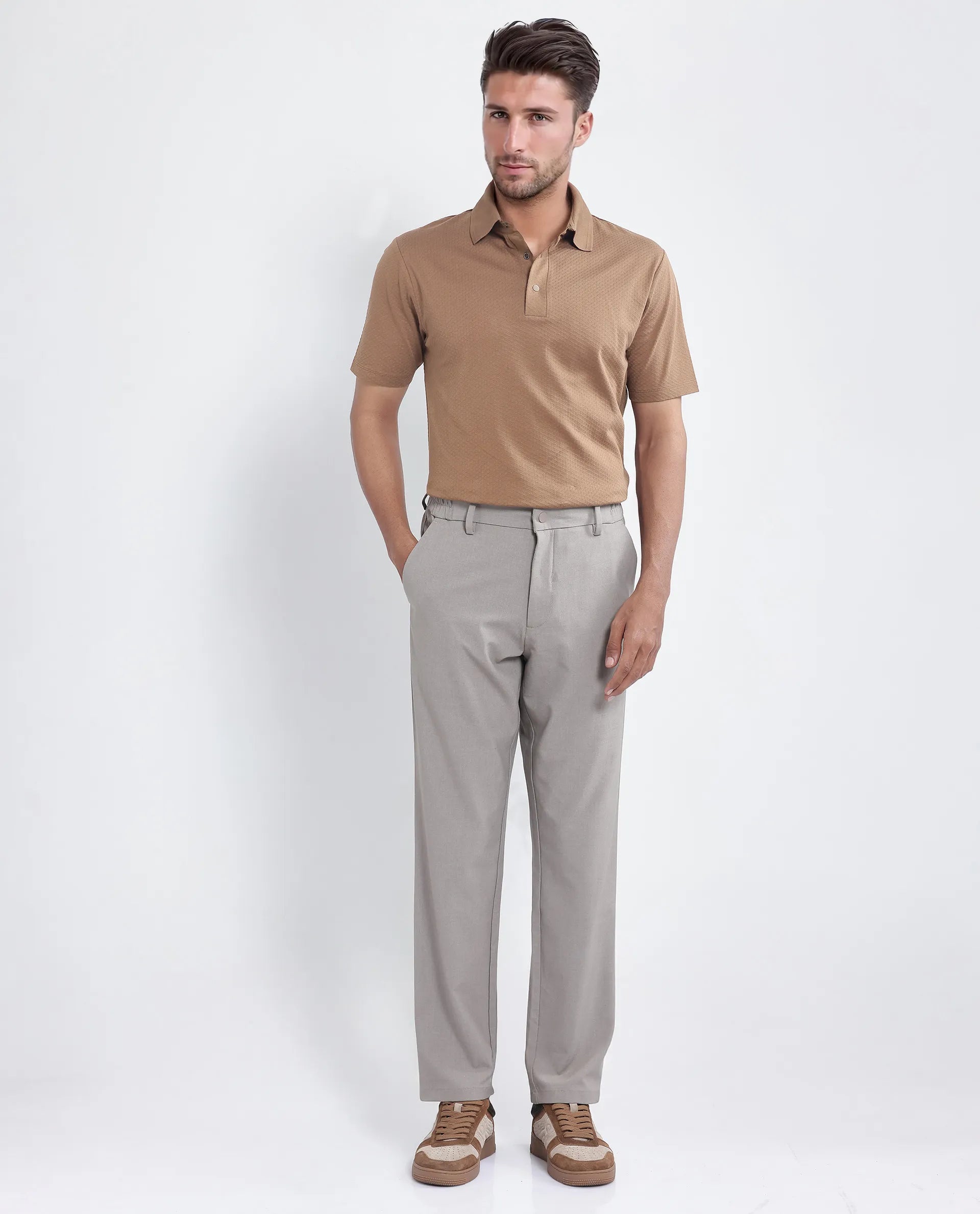 Rare Rabbit Men Nark Dusky Brown Cotton Fabric Short Sleeve Collared Neck Snap Button Plain Polo