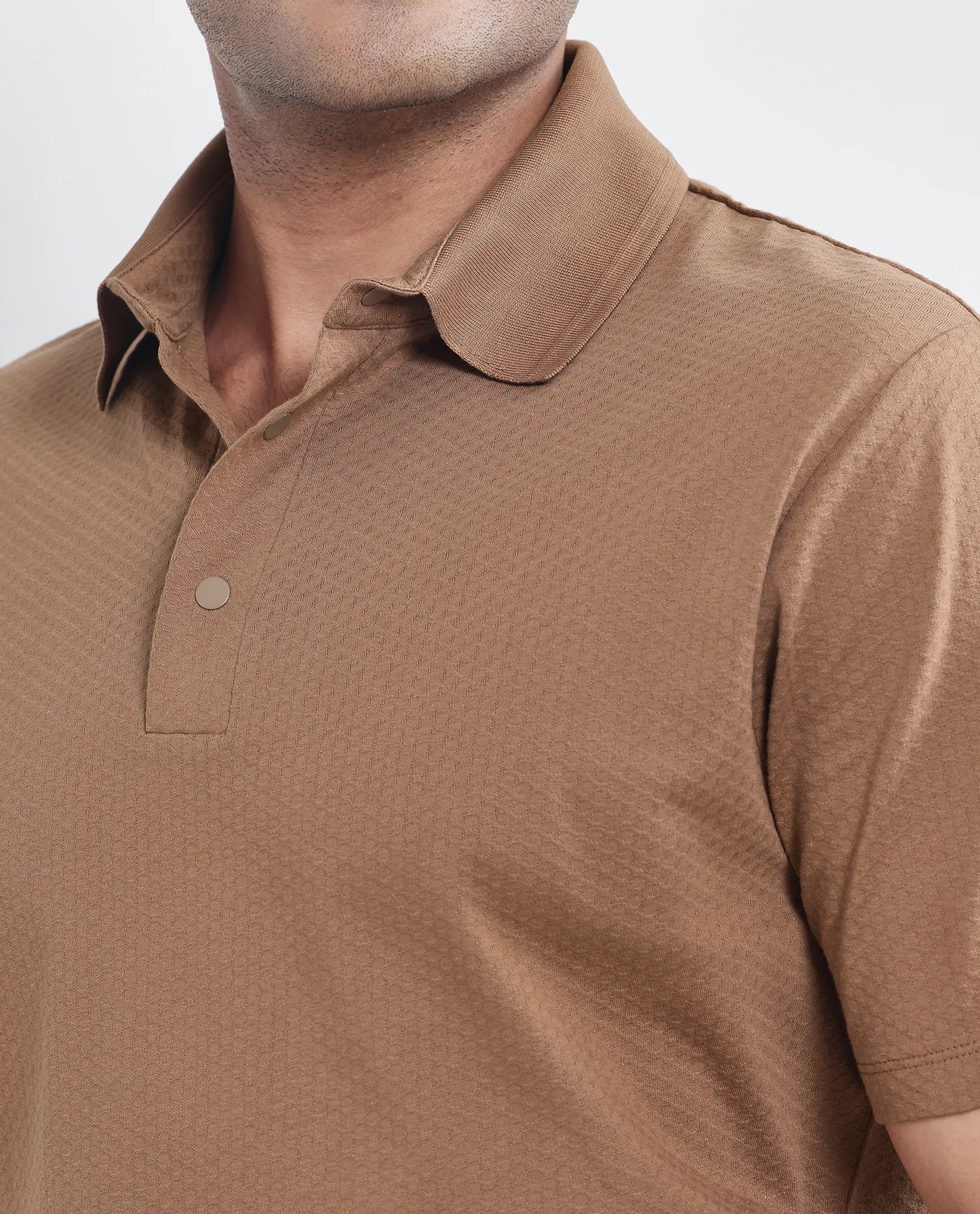 Rare Rabbit Men Nark Dusky Brown Cotton Fabric Short Sleeve Collared Neck Snap Button Plain Polo