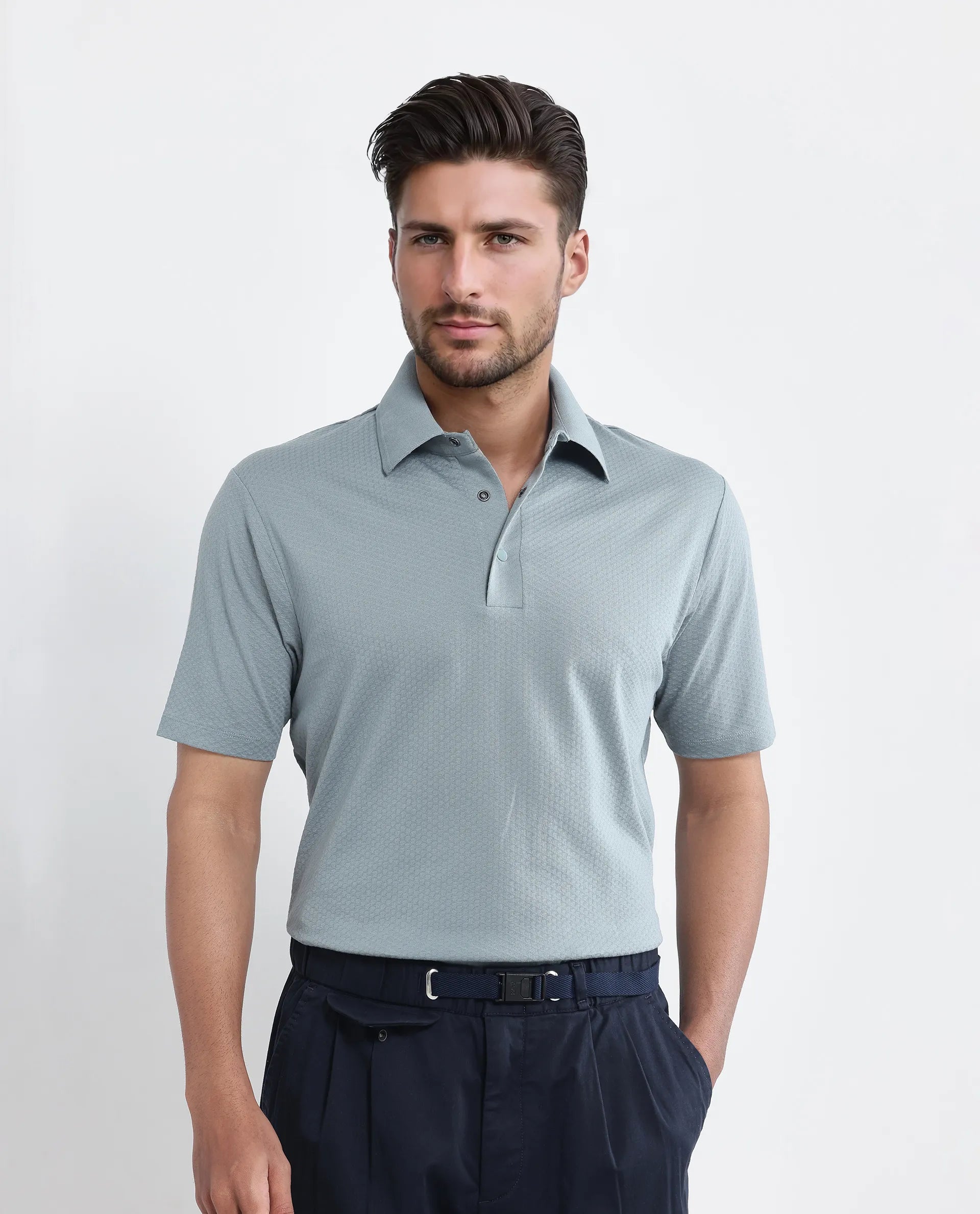 Rare Rabbit Men Nark Dusky Green Cotton Fabric Short Sleeve Collared Neck Snap Button Plain Polo