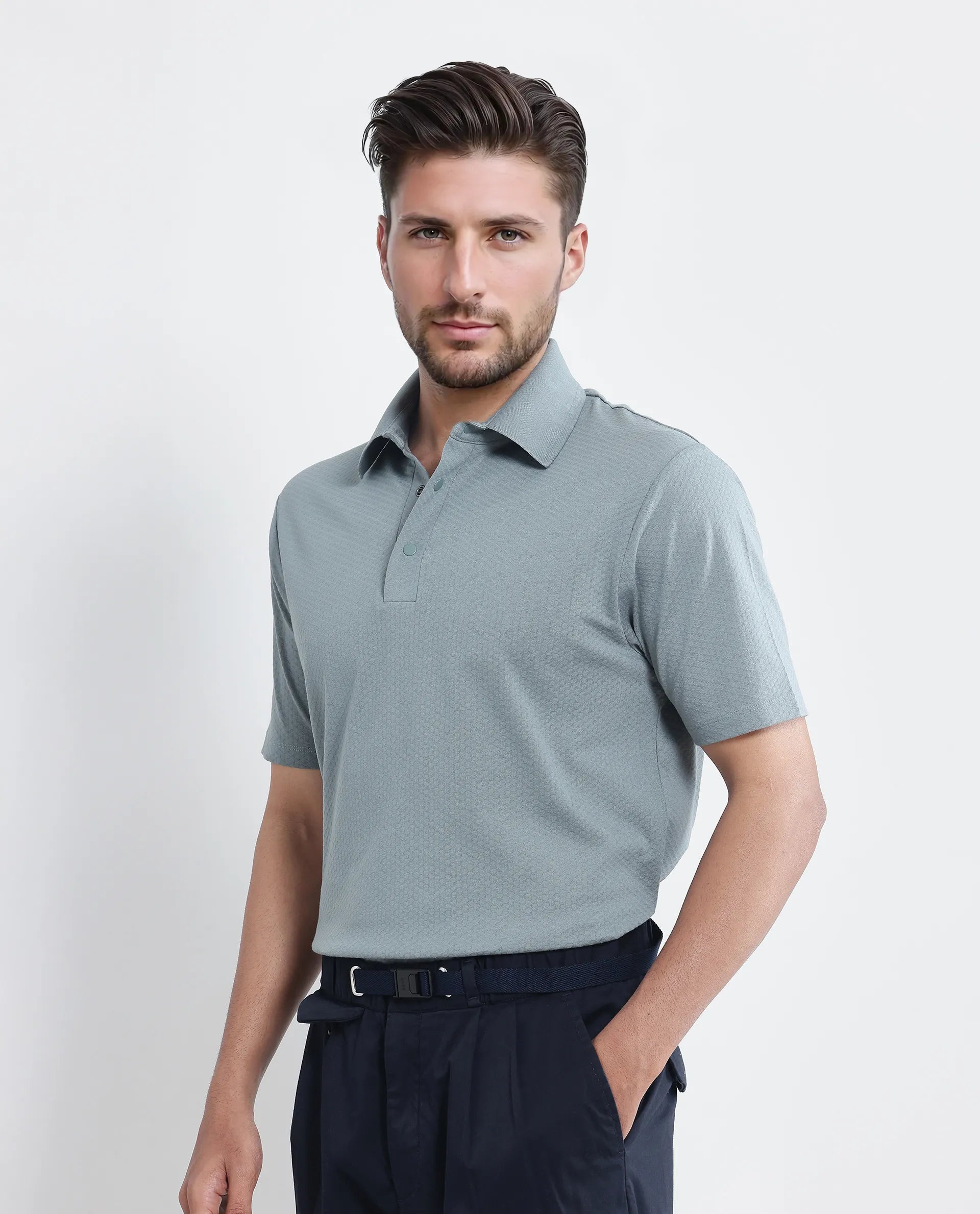 Rare Rabbit Men Nark Dusky Green Cotton Fabric Short Sleeve Collared Neck Snap Button Plain Polo