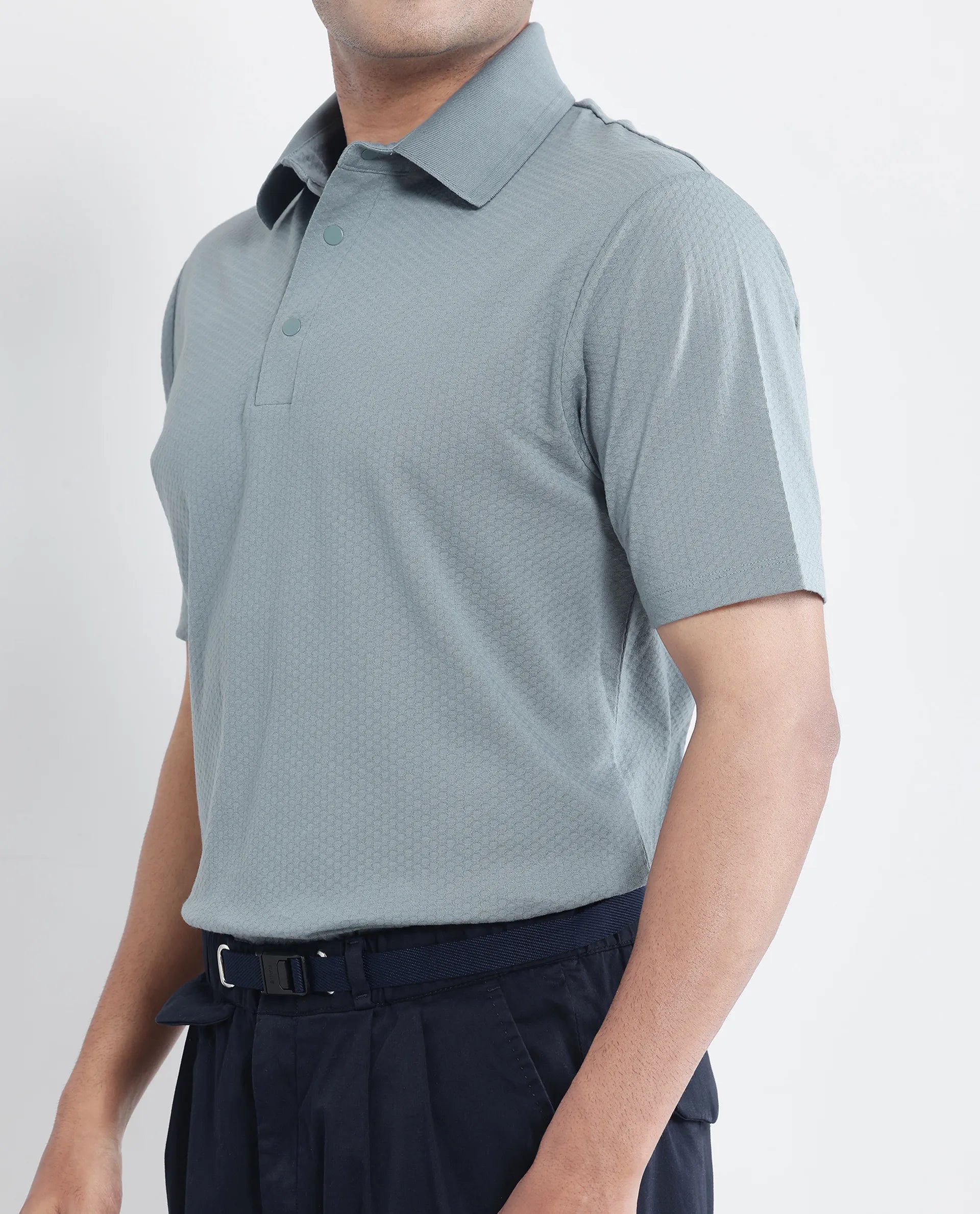 Rare Rabbit Men Nark Dusky Green Cotton Fabric Short Sleeve Collared Neck Snap Button Plain Polo