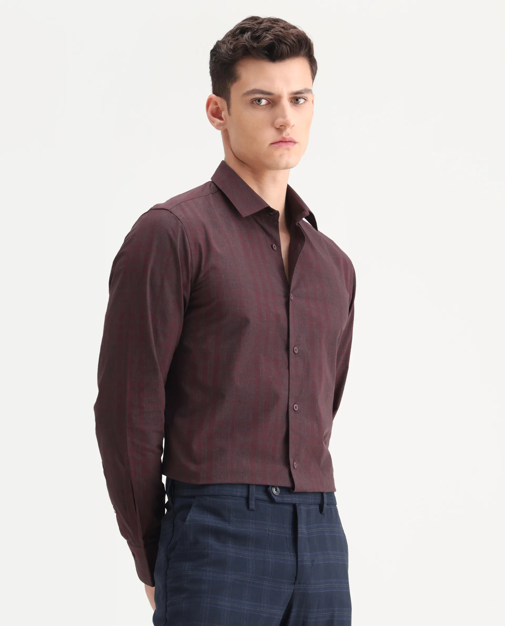 Rare Rabbit Men's Naro-25 Dark Red Cotton Checked Print Regular Fit Full Sleeve Spread Collar Shirt
